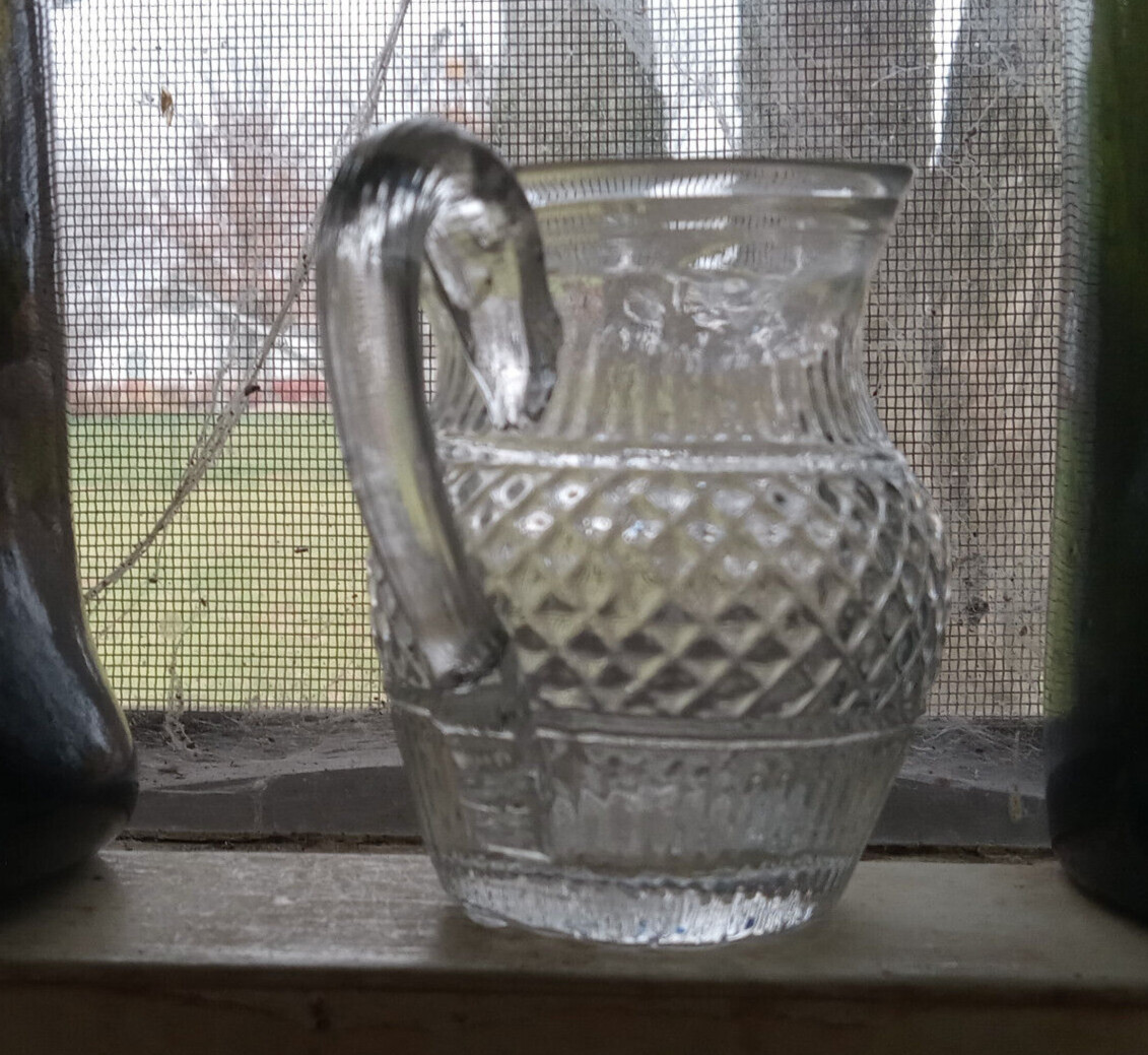 1830s EARLY 3 MOLD BLOWN TOY CREAMER DIAMOND HOBNAIL BOSTON & SANDWICH GLASS CO
