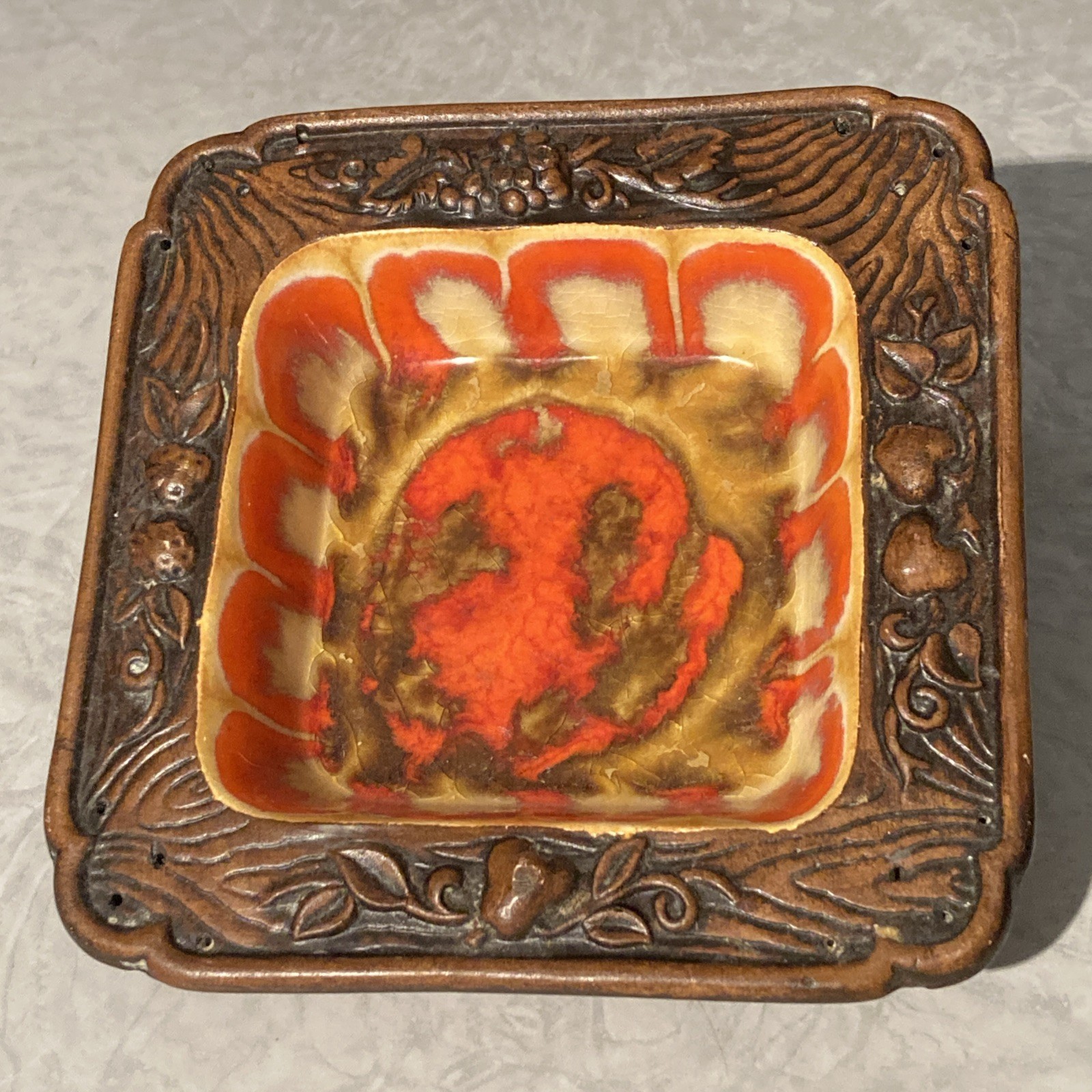Vintage Treasure Craft Dish – Orange/ Gold/ Brown Drip with fruit edging