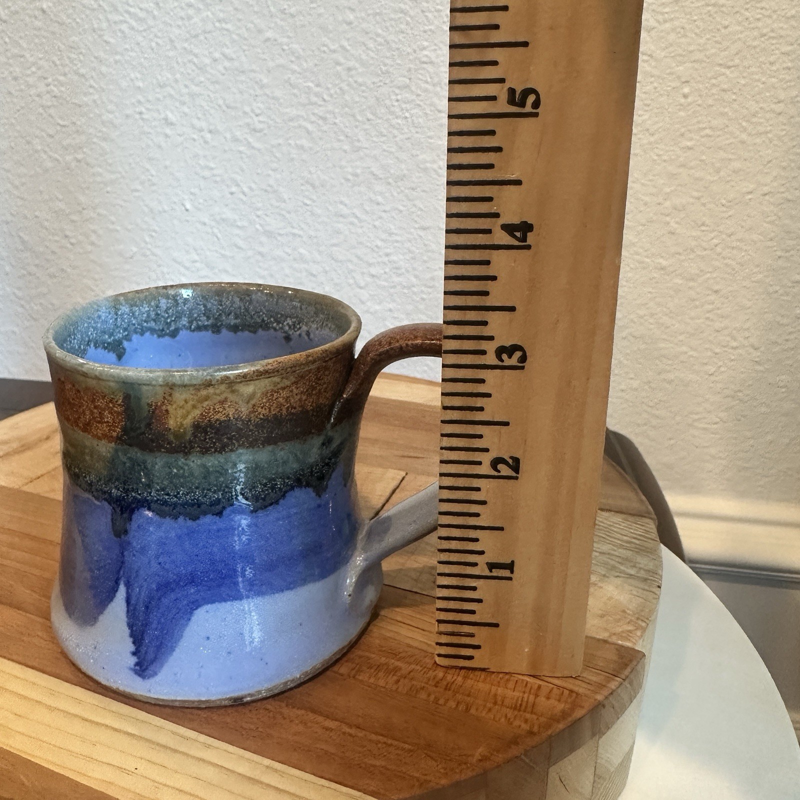 Studio Art Pottery Mugs Set 4 Signed KH Blue Beige Brown Hand Thrown Drip Glaze