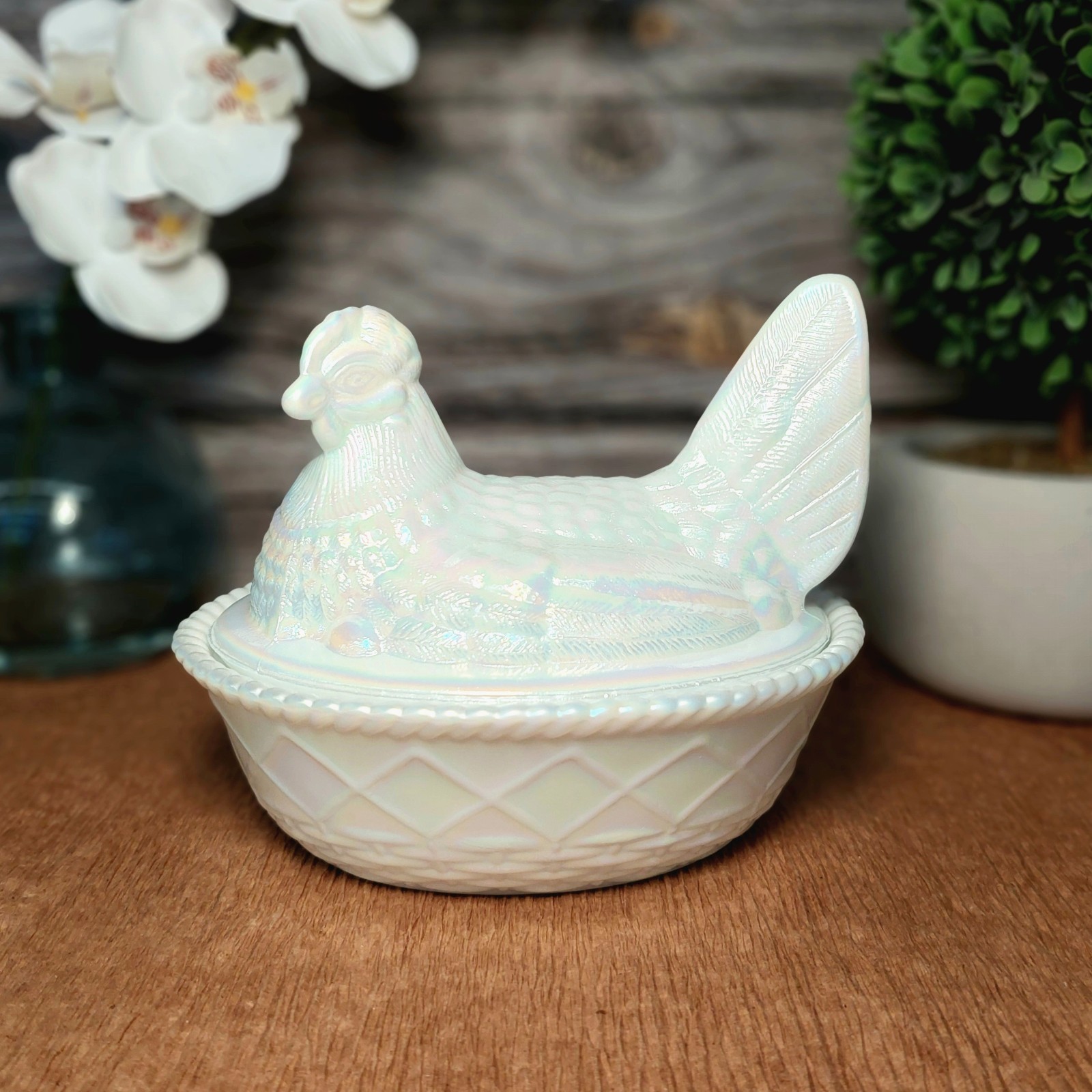 Pearl Carnival Glass Hen on Nest Chicken Candy Dish, Depression Style, VTG Decor
