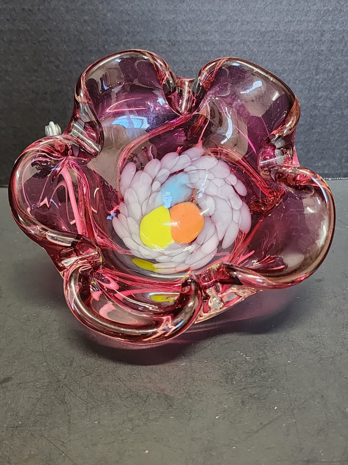 Bohemian Glass Bowl Pinched Side Purple Orange Swirled Bottom
