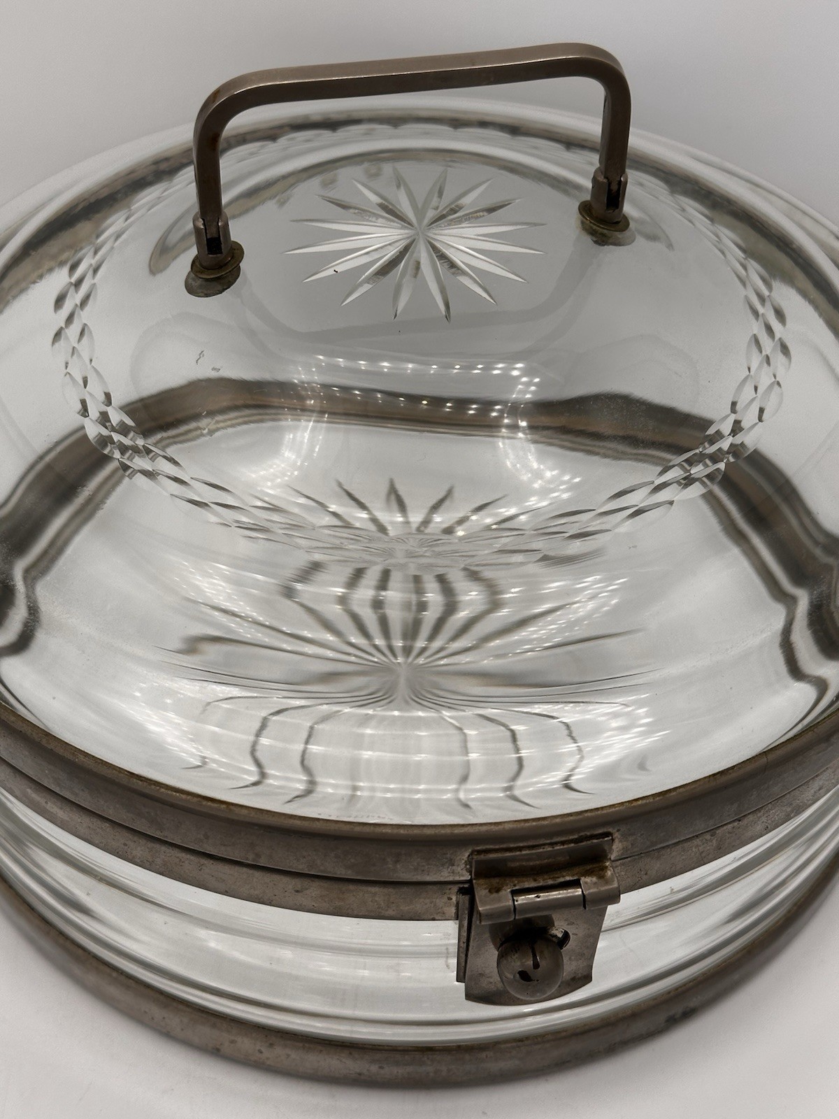 VTG Rare Austrian Covered Glass & Metal 10” Dish Starburst Cut Glass G. ST. MCM