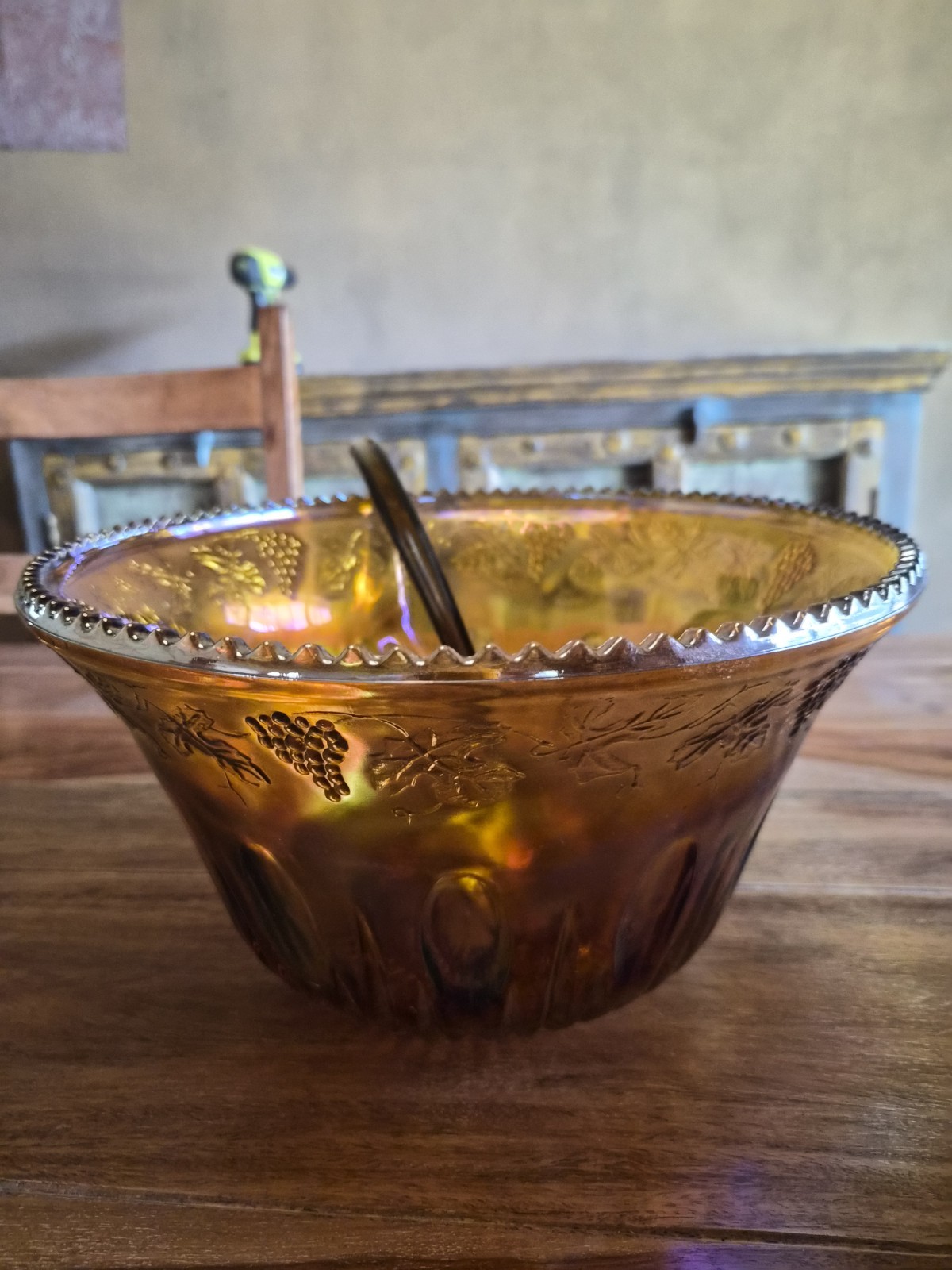 Amber Carnival Glass Grape Leaf Pattern Glossy Twelve-Piece Punch Bowl Set