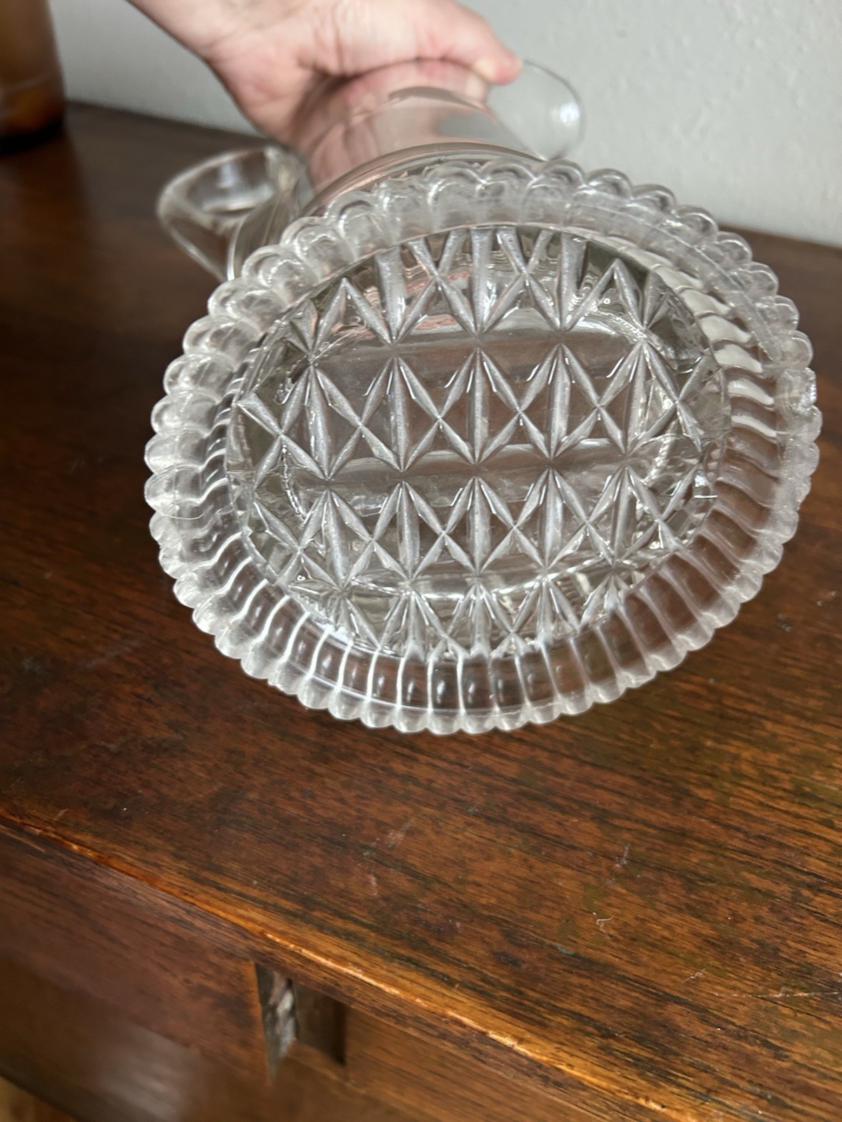 Ring and Block Etched Gray Cut Antique Glass Pitcher Elegant Fine Dining