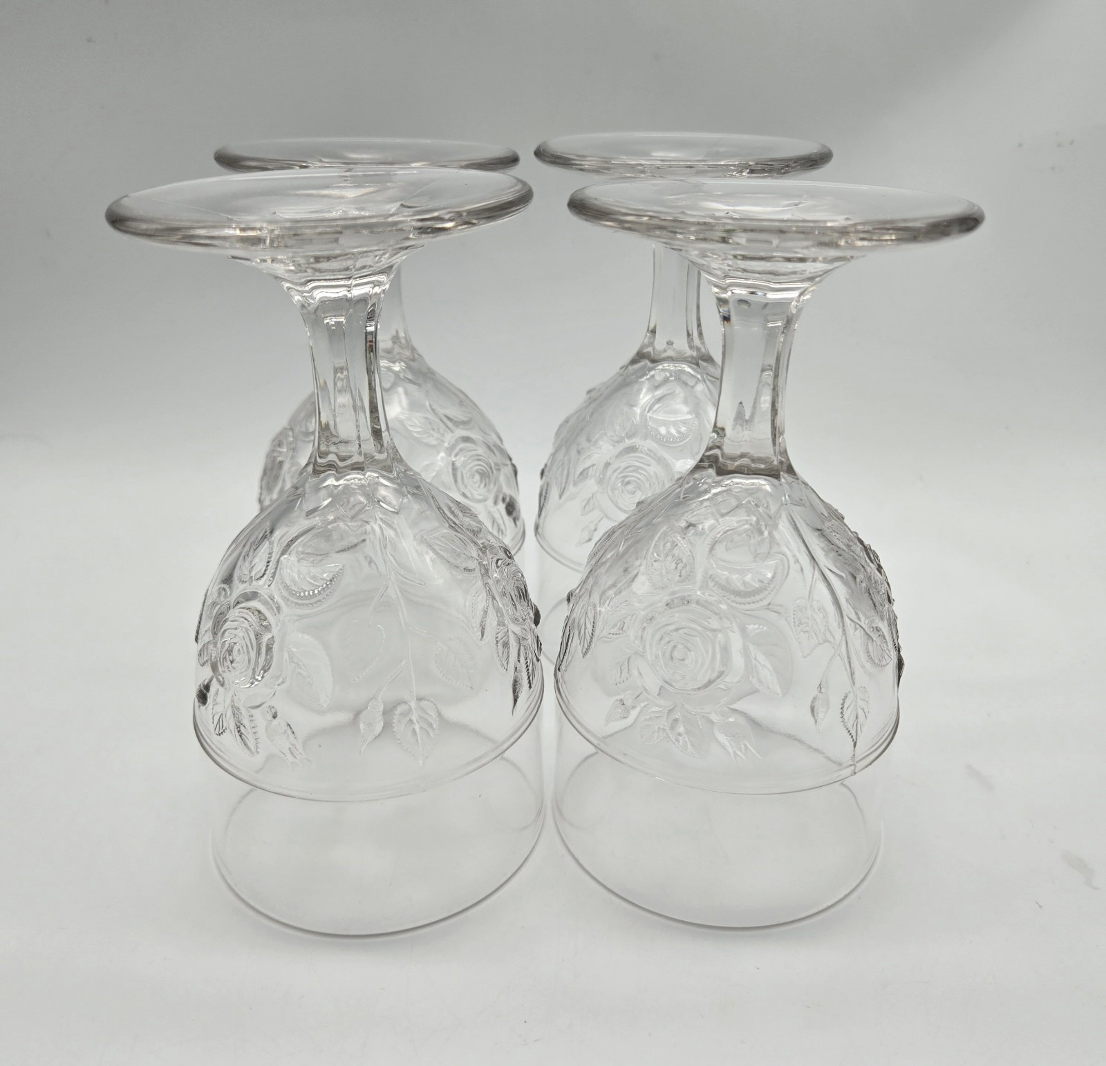 1870s Open Rose AKA Moss by Unknown Clear Glass Goblet Vtg Antique Set Of 4
