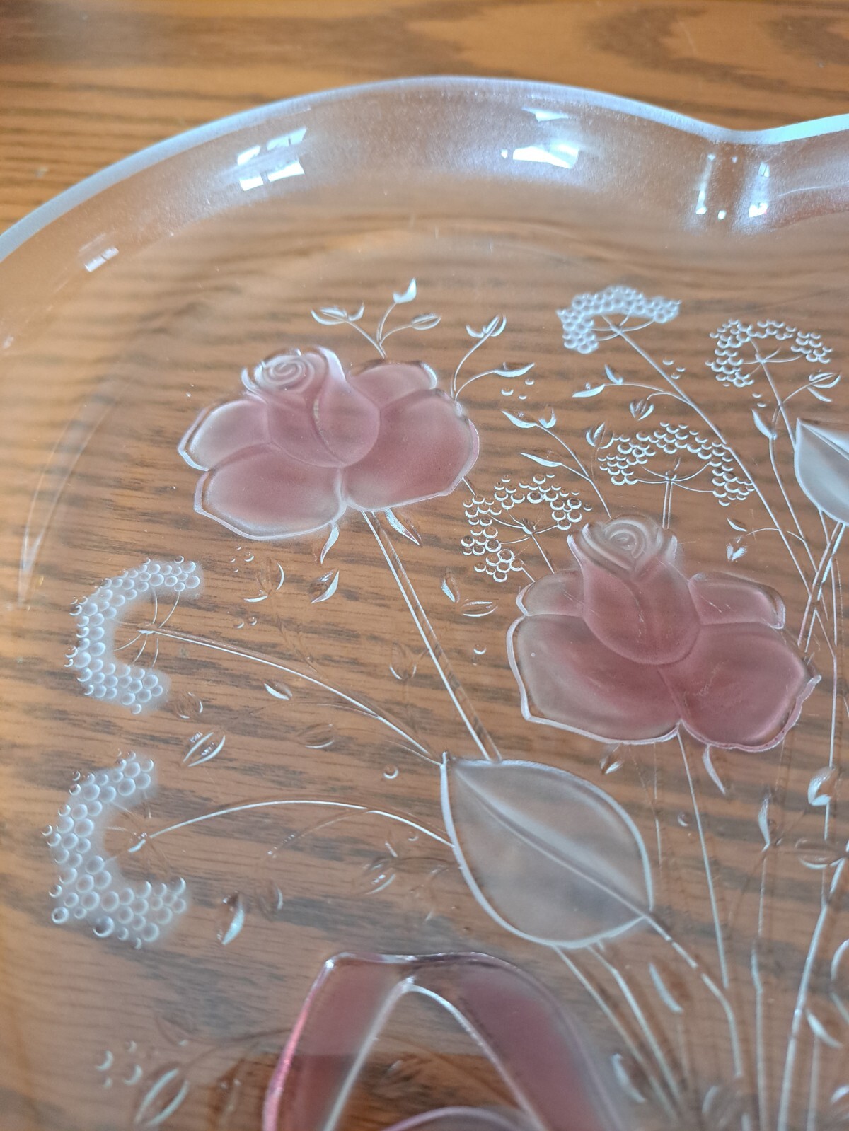Mikasa Crystal GlassVintage Valentine Heart Shaped Serving Plate w/ Pink Roses