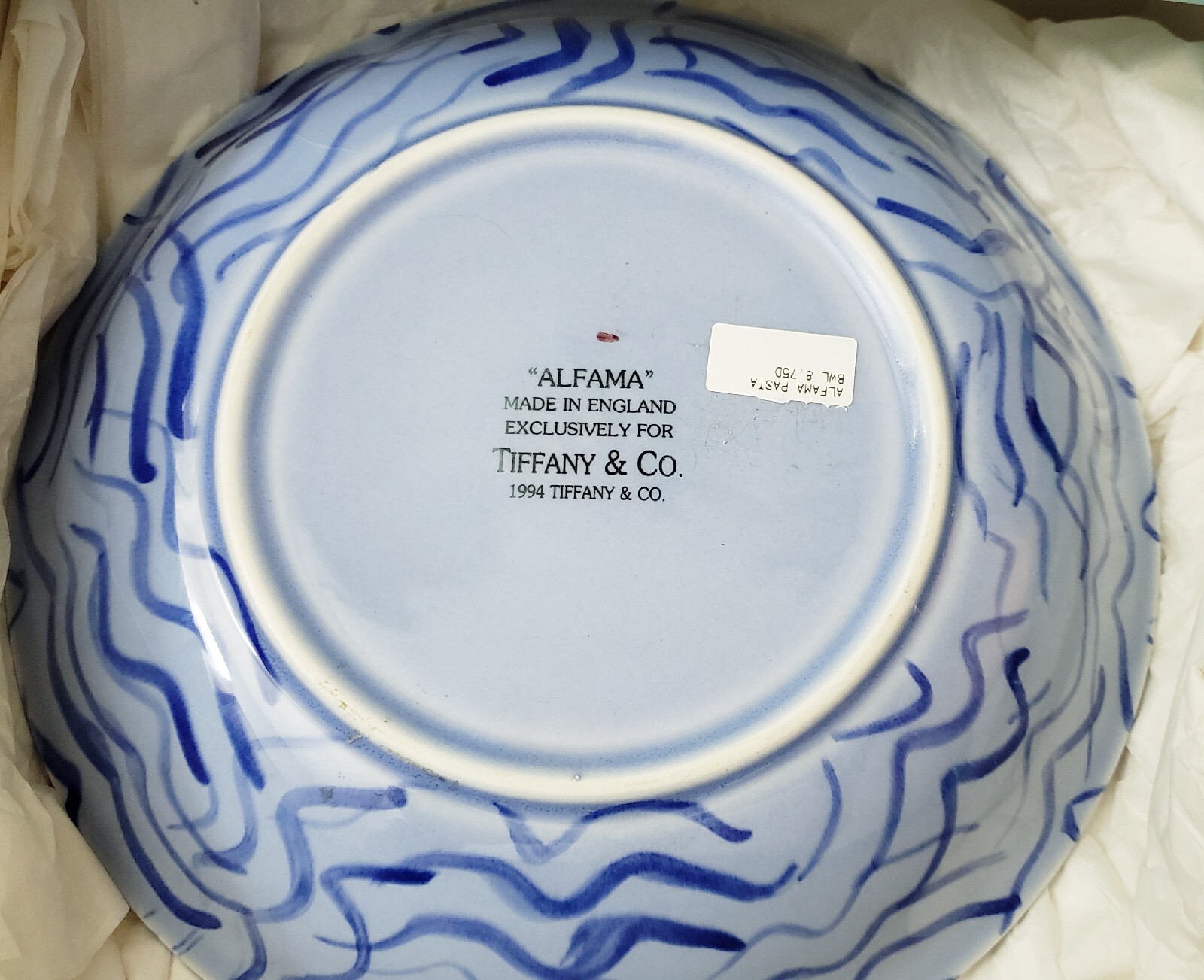 1994 Tiffany & Company ALFAMA Made In England Pasta Porcelain 8 Inch 750ml Bowl