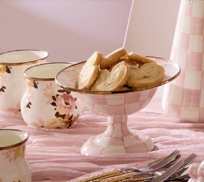 Mackenzie Childs Rosy Check pink compote bowl 10 oz. 7.5″ dia. 5″ T NEW in box!