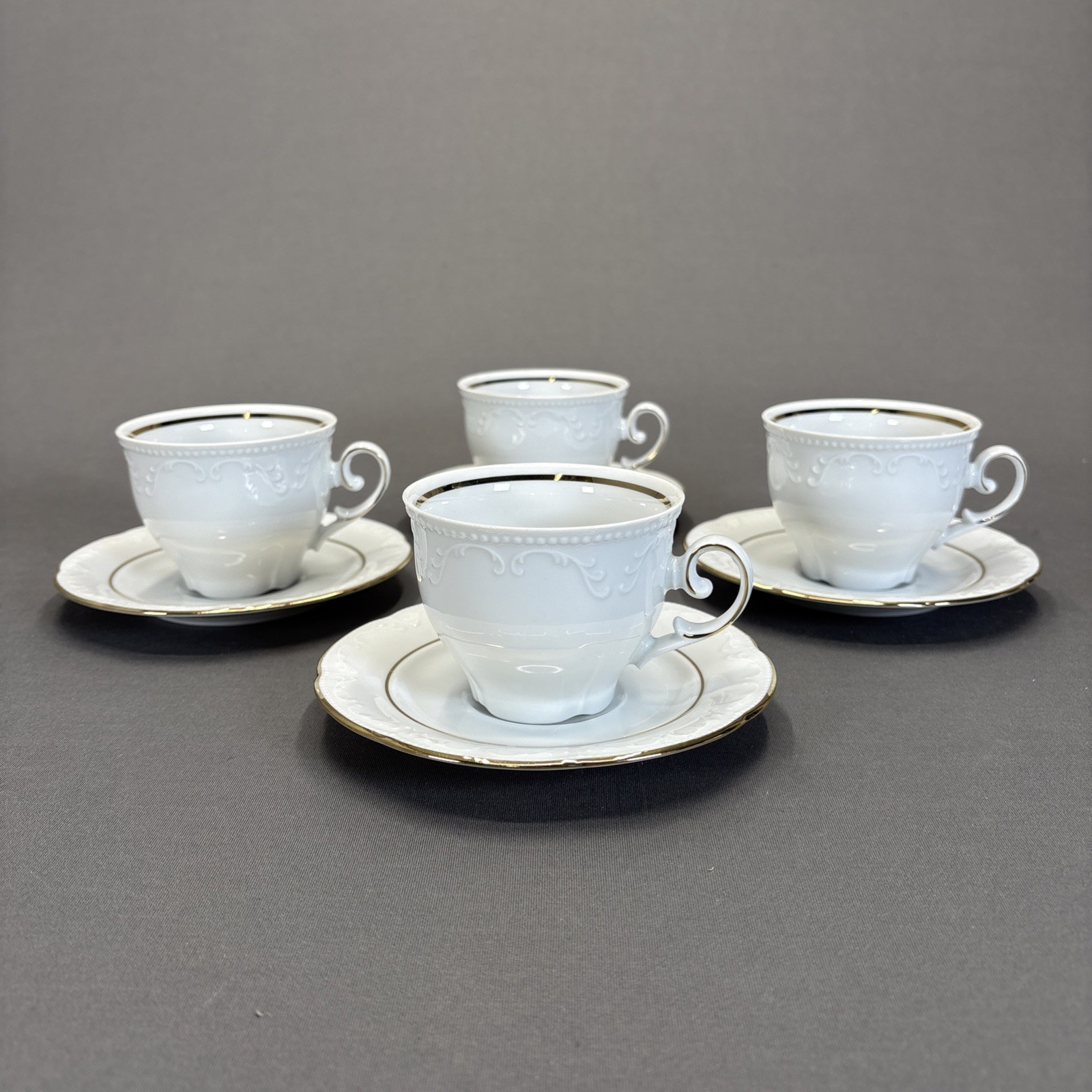 Mitterteich Bavaria Cup and Saucer Set of 4 Gold Trim Verge Embossed Scrolls