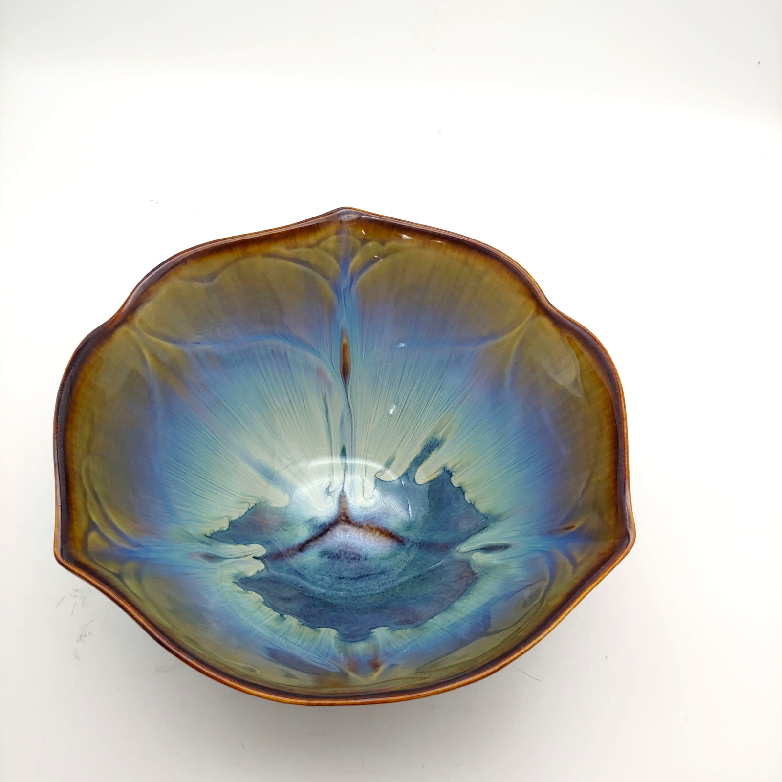 Bill Campbell Studio Pottery Lotus Bowl – 9″ Large Blue Brown Drip Glaze Signed