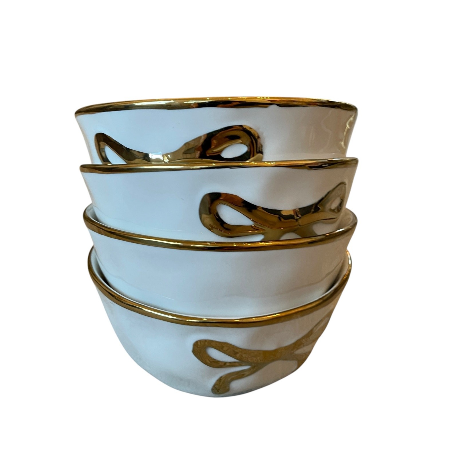 Hand Painted Coquette GOLD BOW Salad Bowls 6.25in White Ceramic Set of 4 NEW