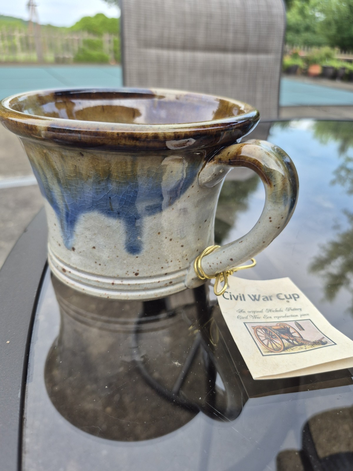 NICHOLS POTTERY Brown Tan Blue Stoneware Civil War Cup – North Carolina – W/ Tag