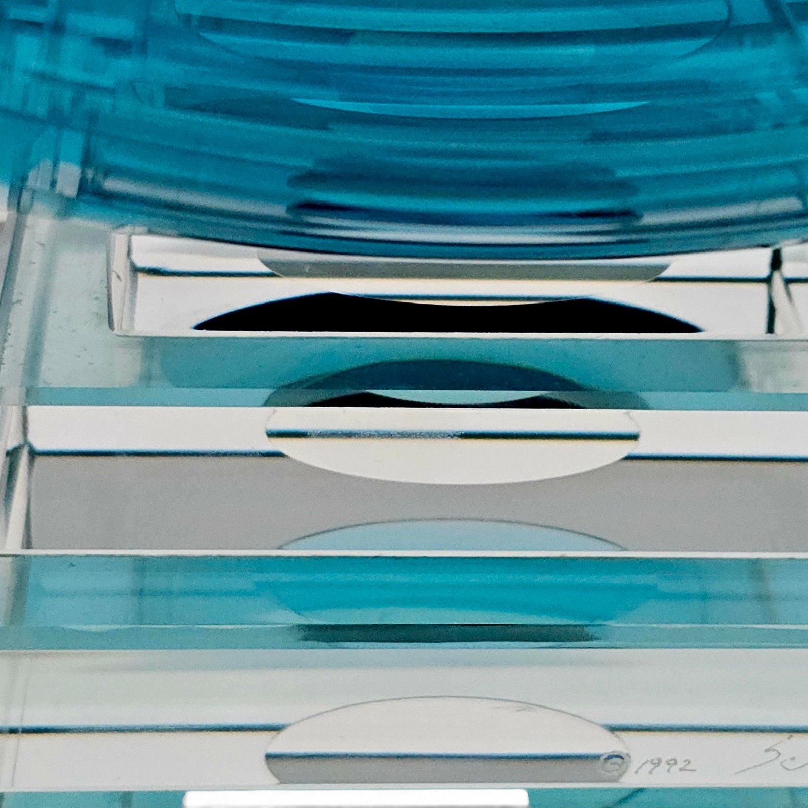 Stephen Schlanser Eclipse Bowl Signed 1992 Aqua Art Glass Centerpiece 16″ Mint