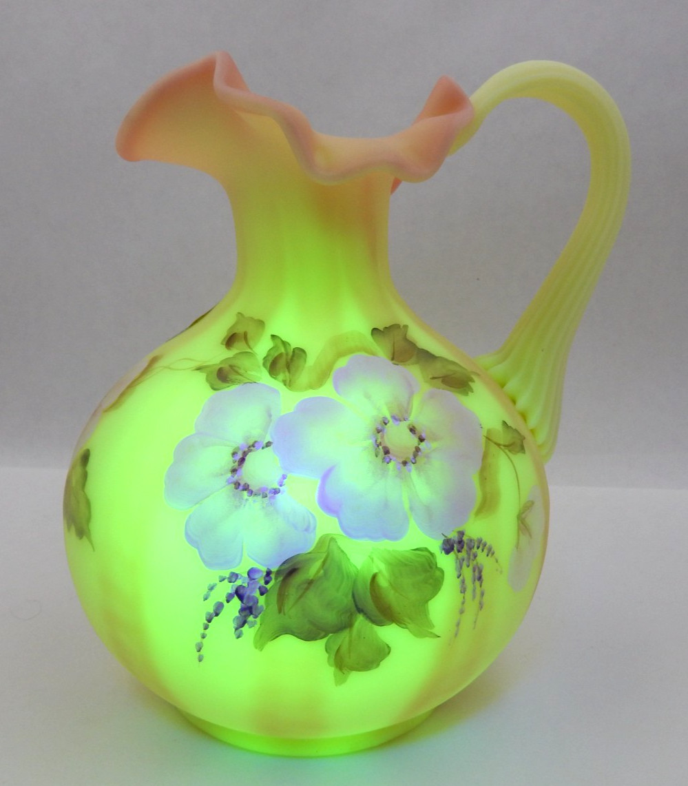FENTON BURMESE URANIUM GLASS BILL FENTON 56 YEARS ANNIV. PITCHER, SIGNED, 6-1/2″