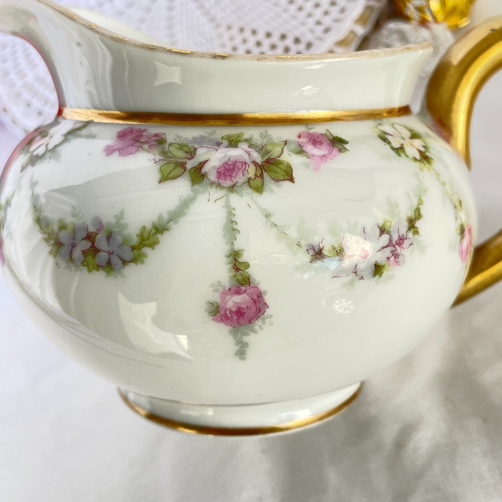 Antique D & C France White Porcelain Rose Garland Gold Handle Creamer