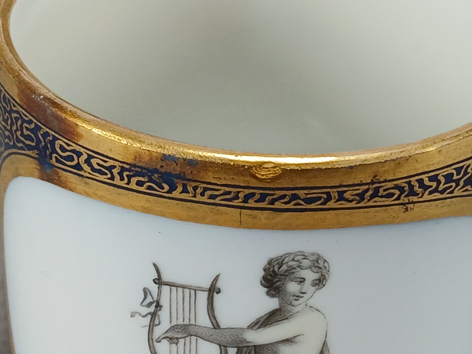 KPM Berlin Hand Painted Neoclassical Figures Cobalt & Gold Cup & Saucer C. 1790
