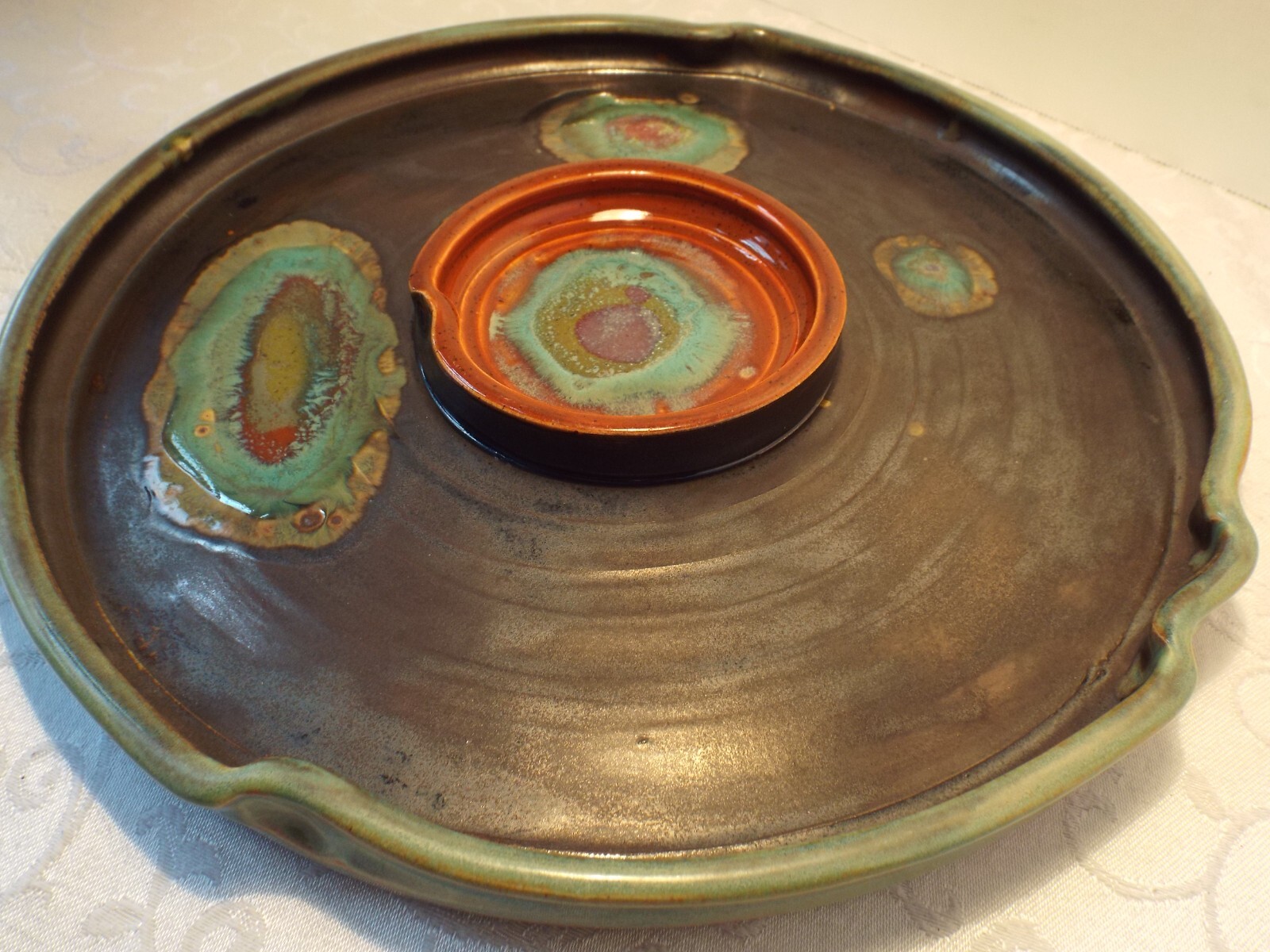 Pottery Chip & Dip Platter Glazed Artisan Made Signed Fused Glass Spots Unique