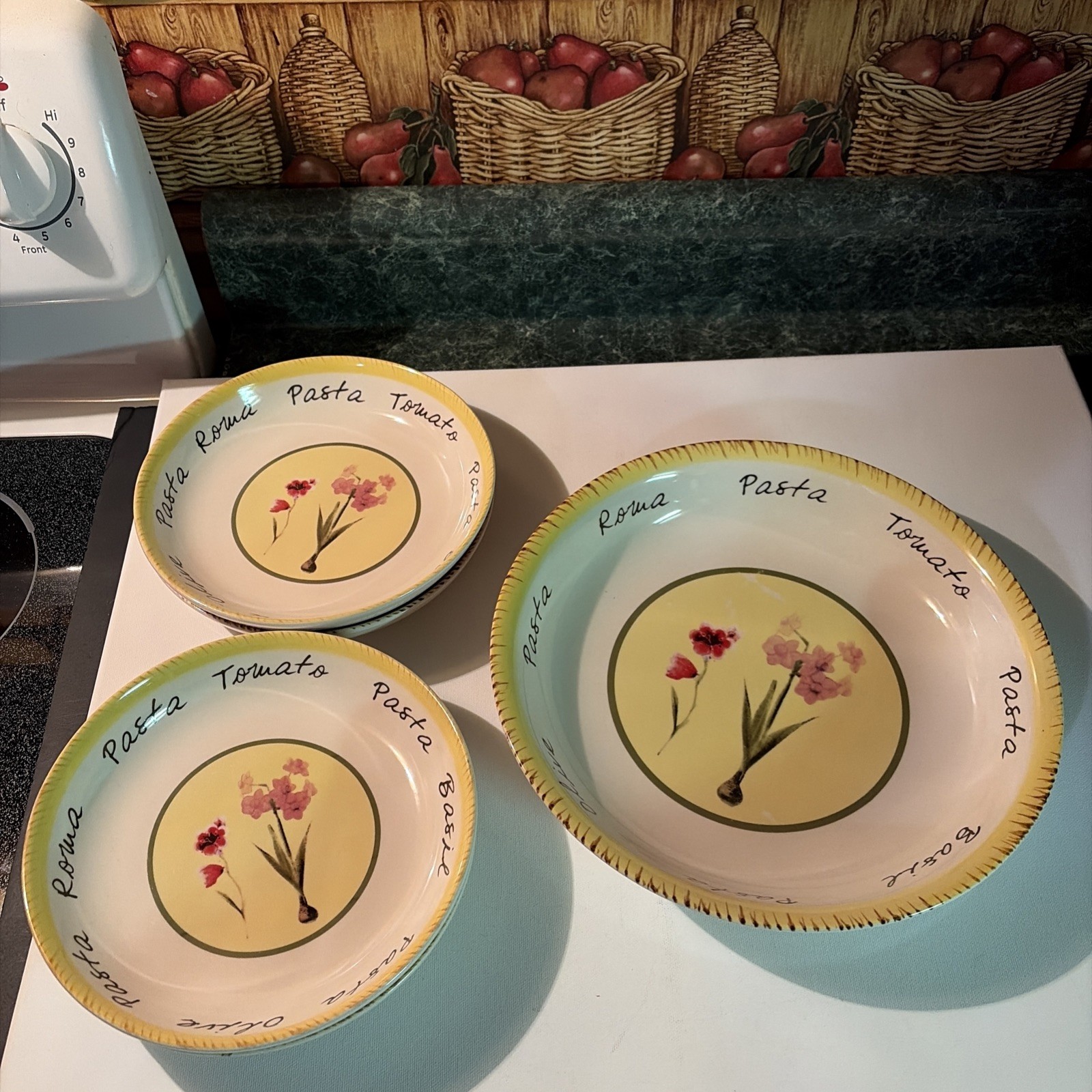 Vintage Trisa Stoneware Pasta Set Serving Bowl & 4 Individual Bowls