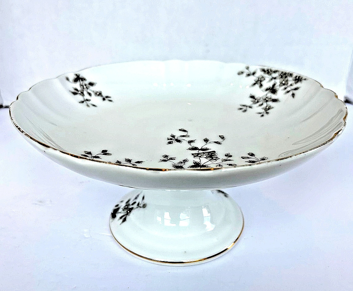 Vtg Carlsbad Austria AK Hand Painted Gray Floral Pedestal Bowl Gold Gilt 8.75″