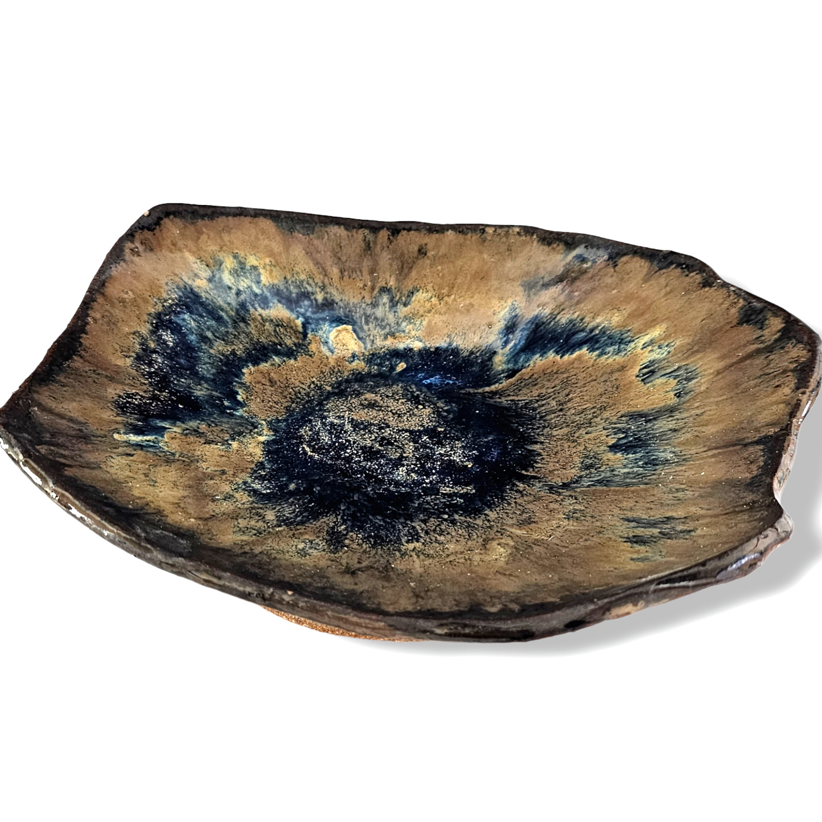 Vintage Studio Art Pottery Raised Footed Bowl Ceramic Blue Brown Signed 8.5″