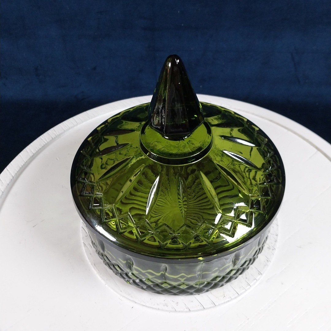 Vintage Indiana Glass Princess Pattern Dark Green Lidded Candy Dish