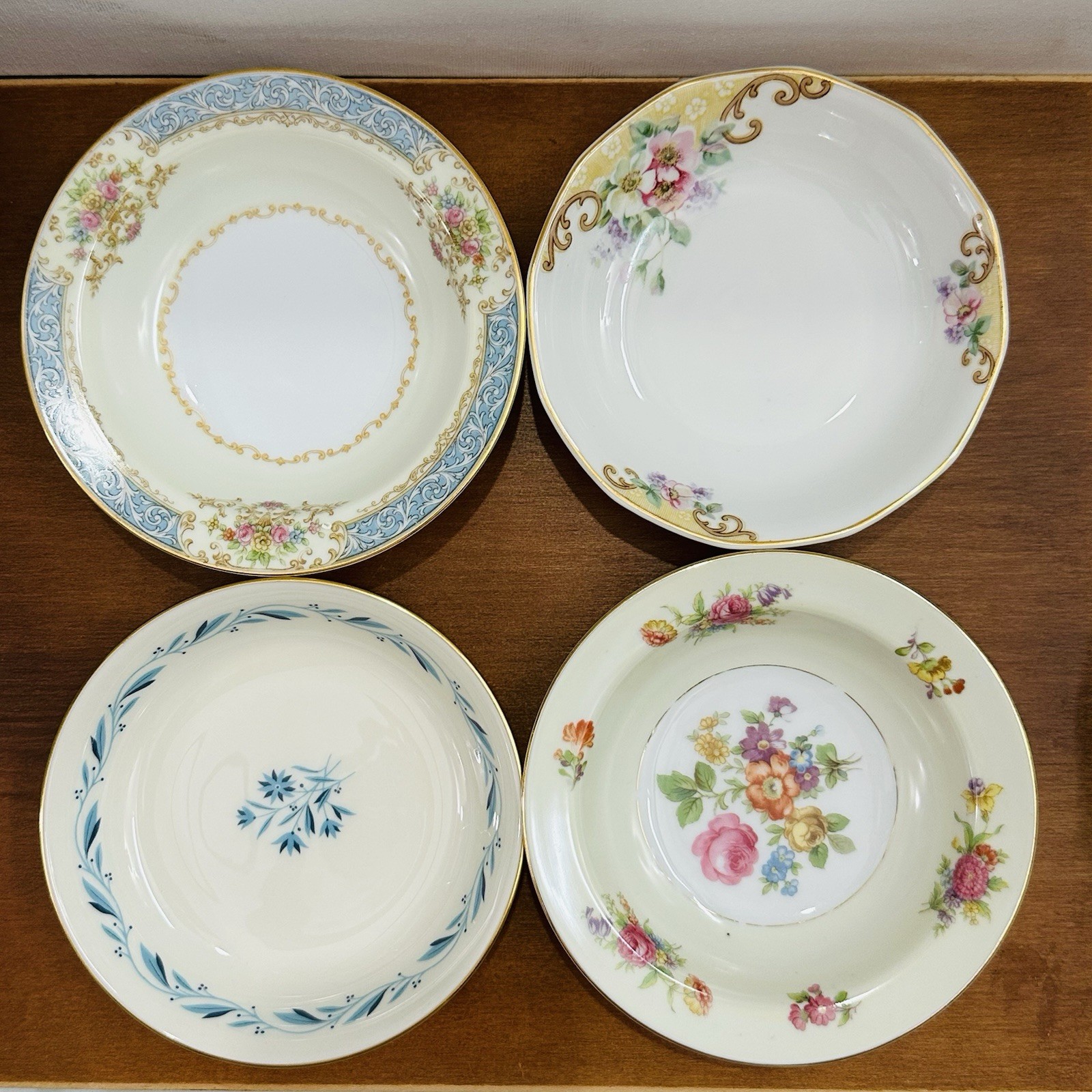 4 Vtg Mismatched China Dessert Bowls Bowl Set Mixed Rose Gold Pink Floral