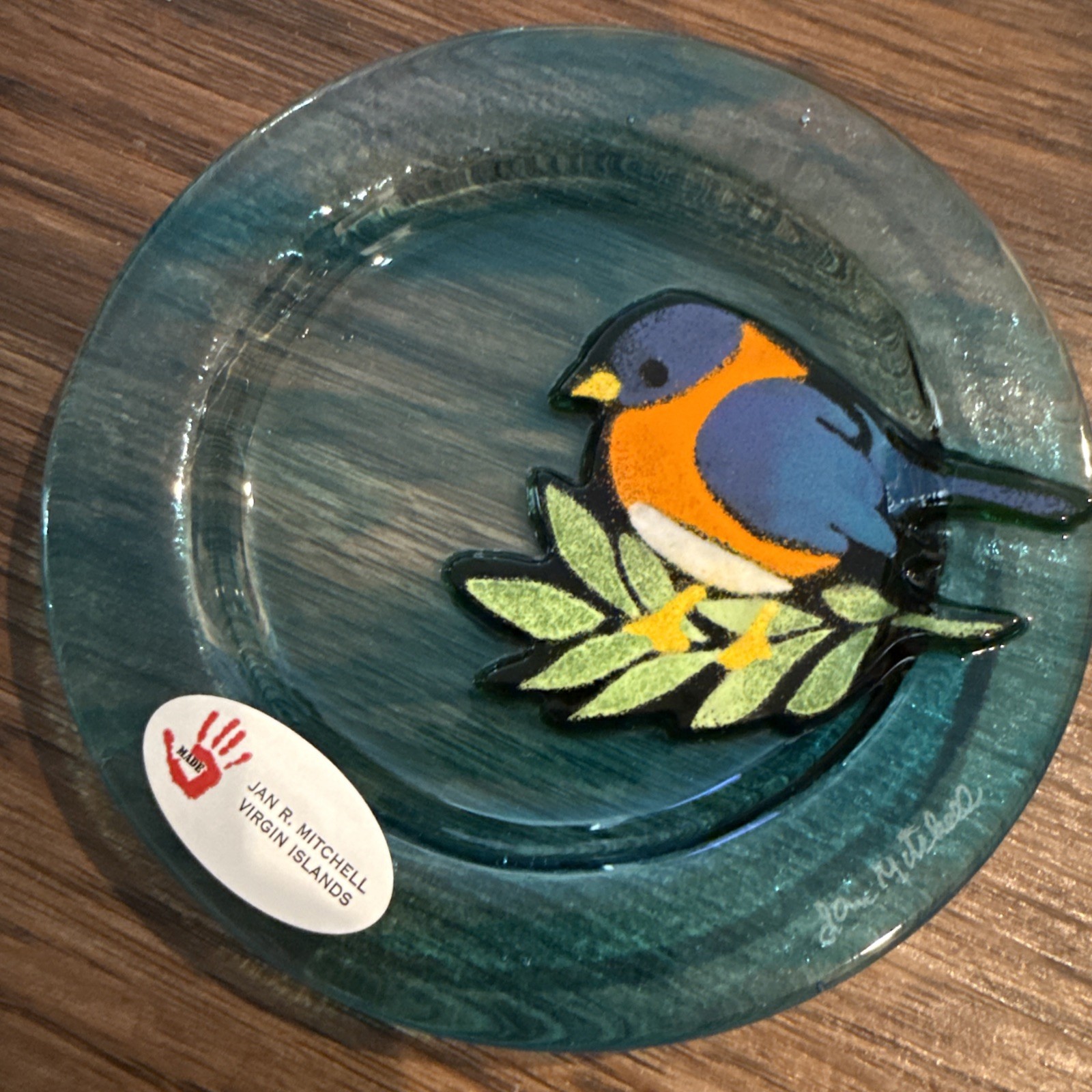 Fused Glass Blue-Green Plate w/ Blue-Orange Bird JAN R. MITCHELL Virgin Island