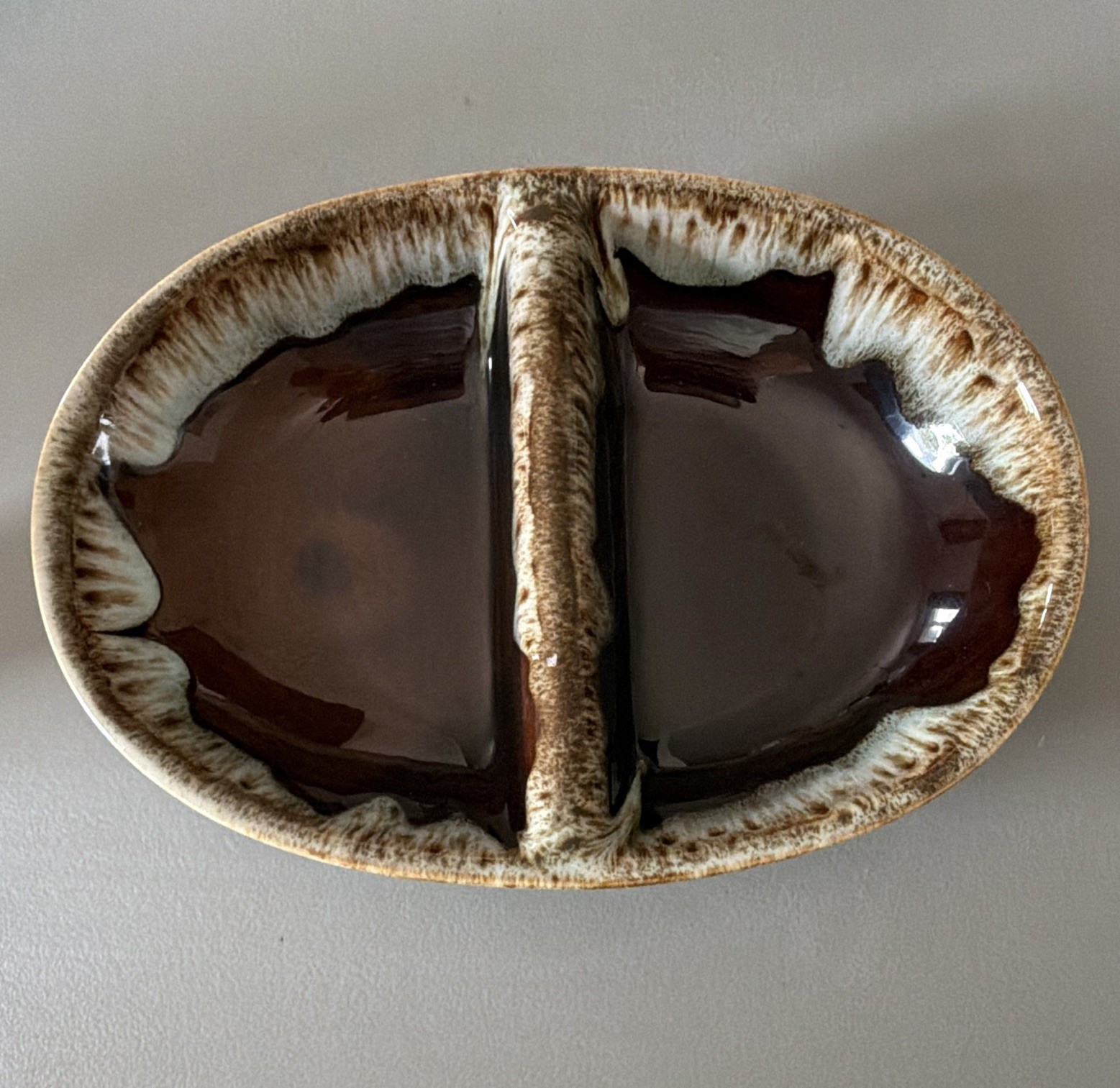 Carefree Ironstone Stoneware Oval Divided Serving Bowl Brown/Beige Glossy