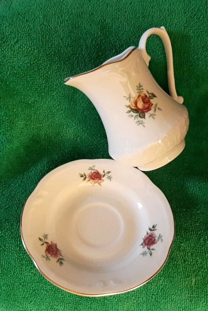 WTOCTAWEK CHINA Made In POLAND FLORAL ROSE 3½” Tall CREAMER AND SAUCER Vintage