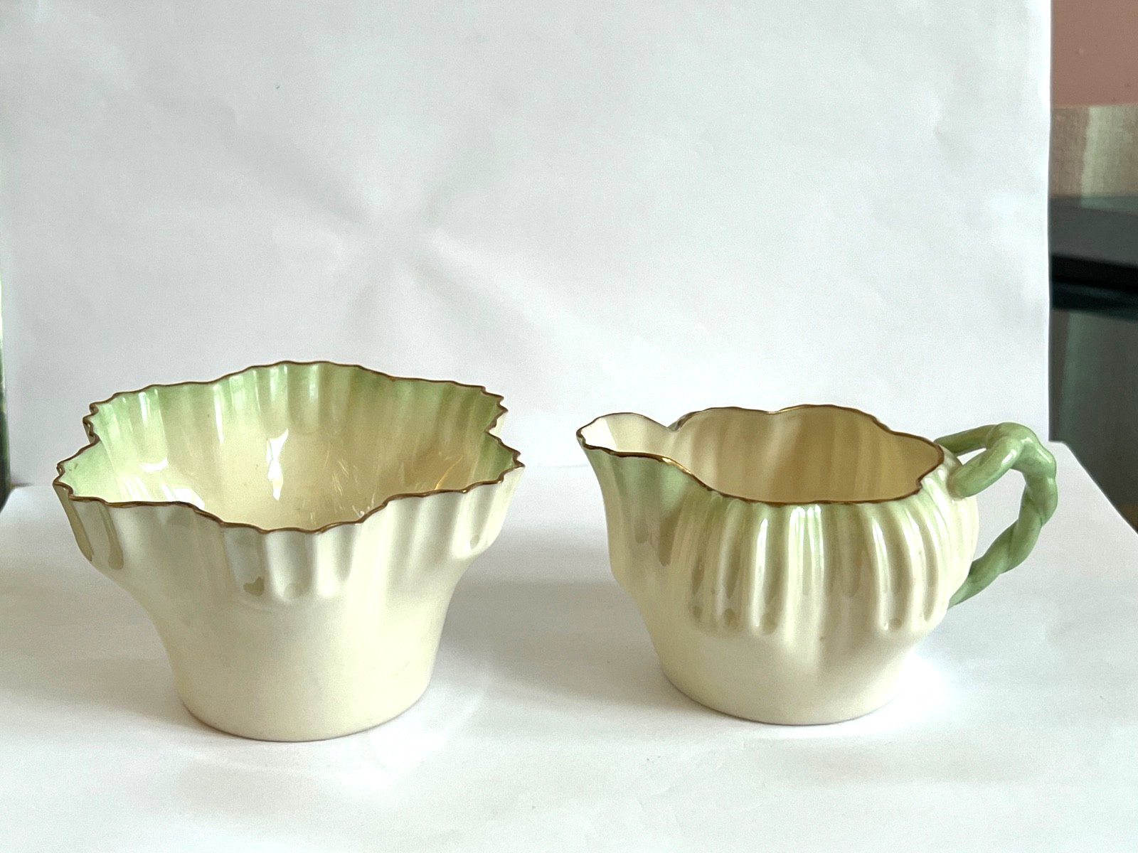 IRISH BELLEEK Creamer & Sugar HEXAGON w/Green Tint & Gilt Edge 2nd Black Mark
