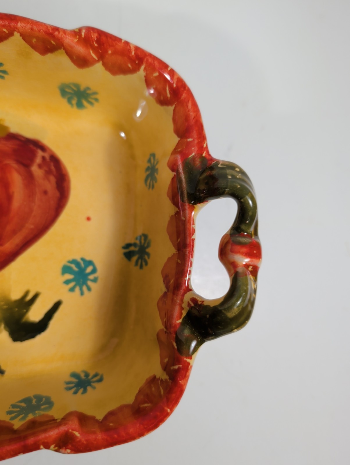Italian Hand-Painted Vegetable Motif Two-Handled Ceramic Bowl Appx 5 In+7in Oven