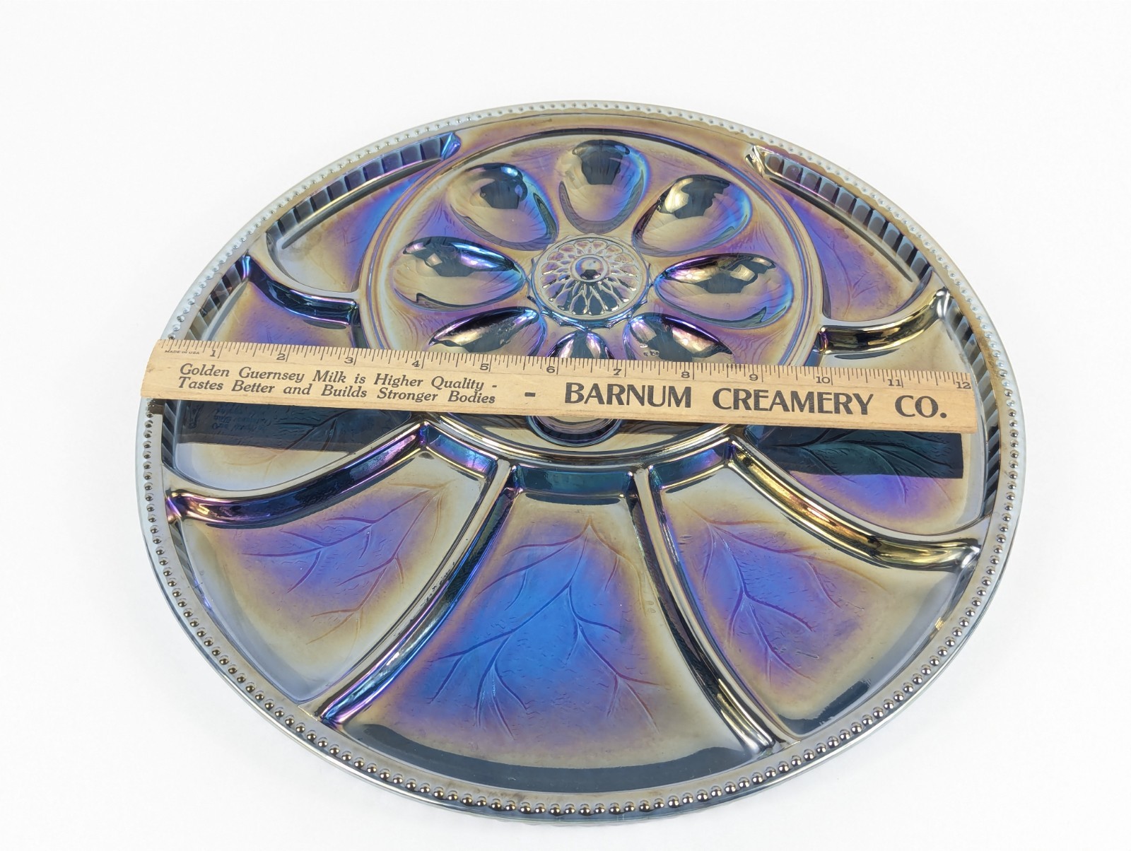 Vintage Indiana Glass Blue Carnival Deviled Egg Relish Tray Platter Iridescent