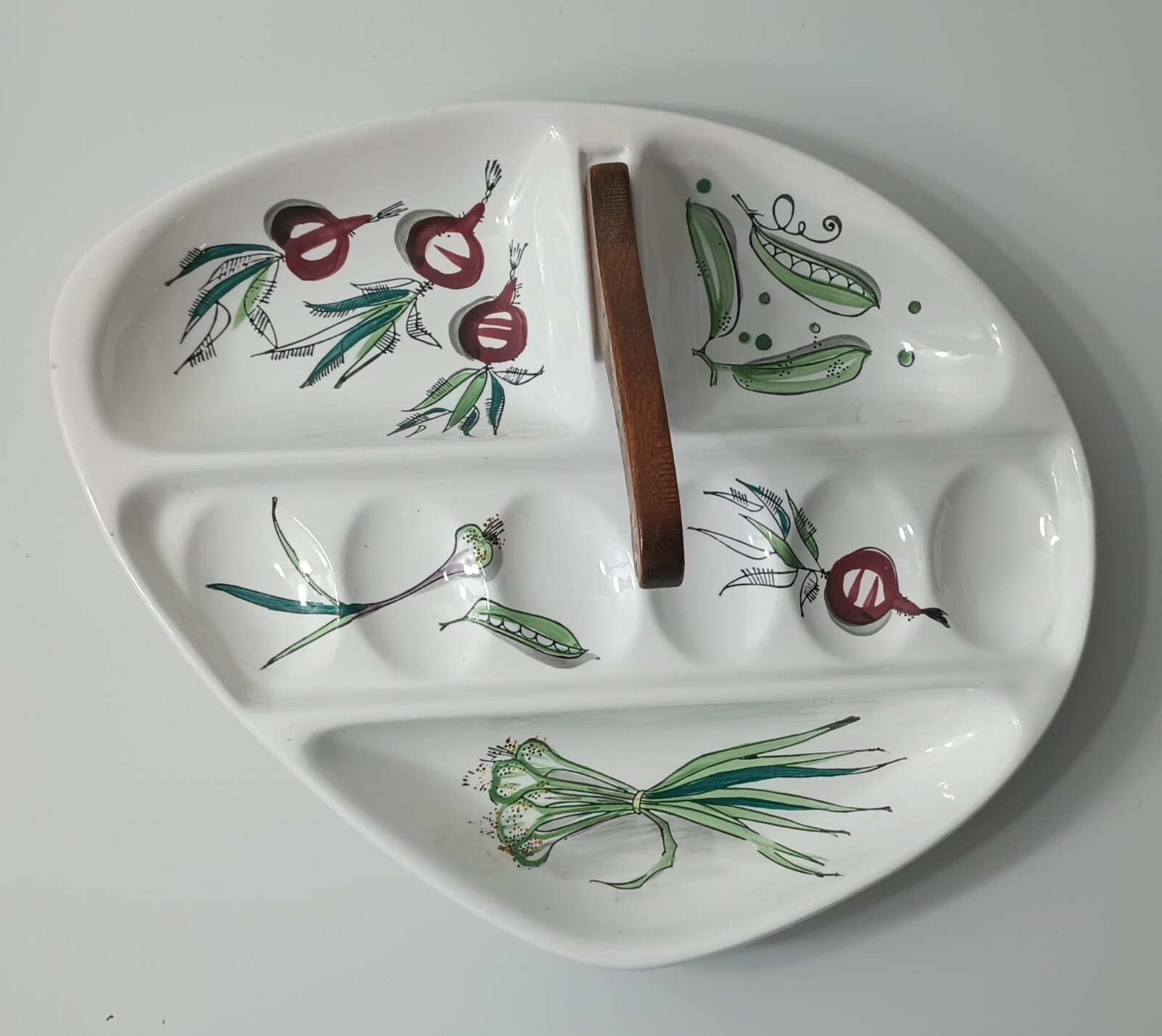 Crudité Platter Divided Serving Plate Vegetable Platter Wooden Handle MCM