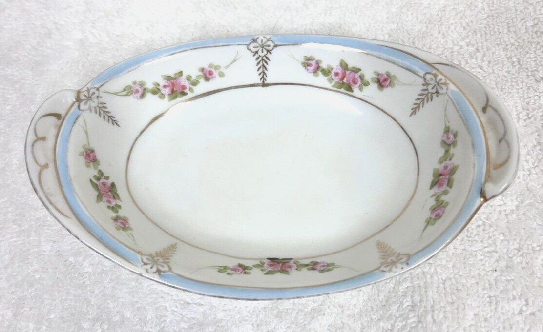 Antique Nippon Hand Painted Pink Rose Garland Oval Bowl Tab Handles Gold Details