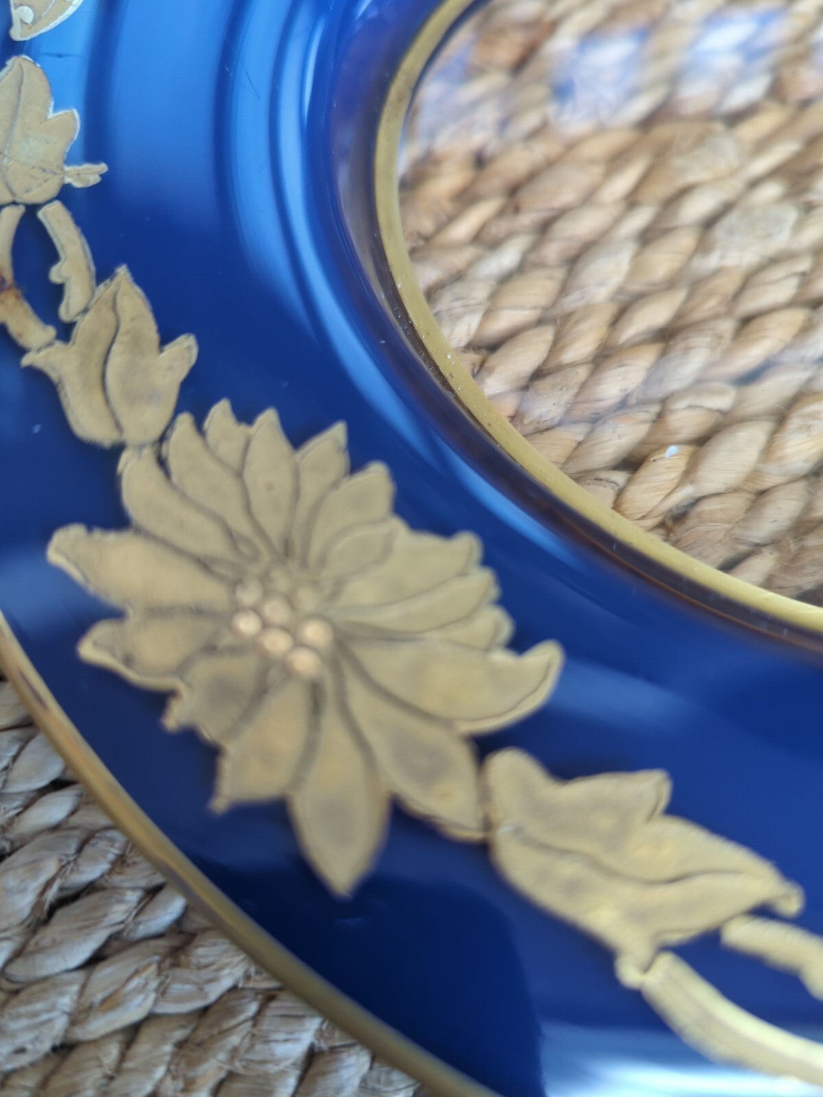 Antique Bohemian Gold Gilt Enameled Colbalt Cased Glass Plates Set 5 Hand Paint