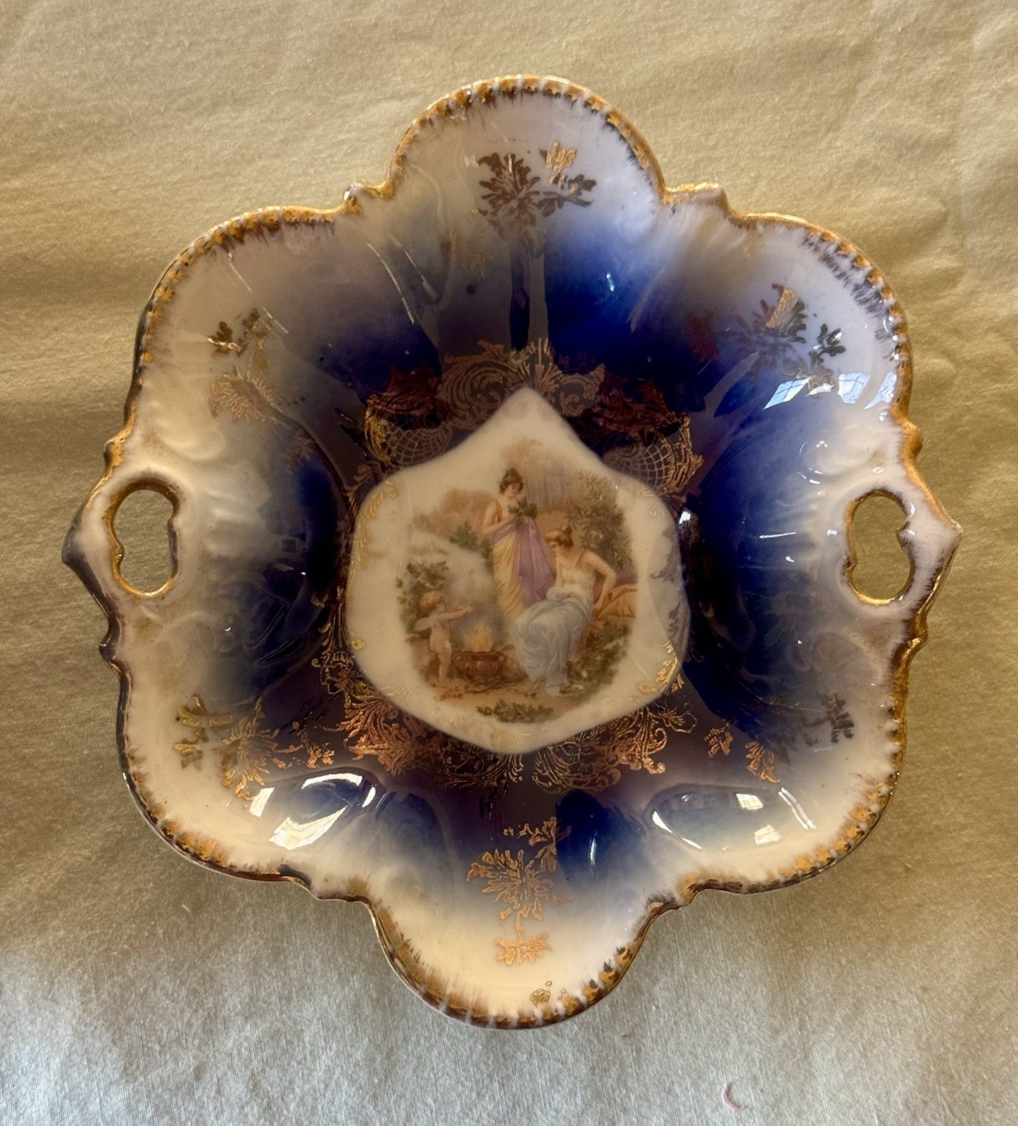 Antique Royal Bavarian Germany Two Sided Portrait Handled Bowl * Ladies & Cherub
