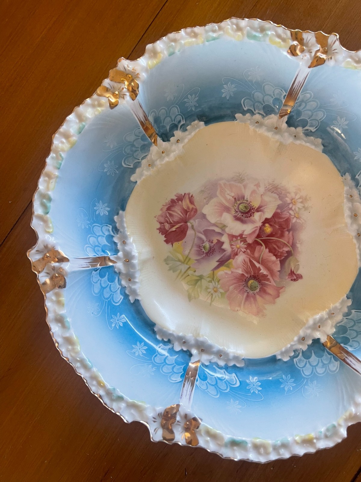 Antique RS Prussia Floral Pink Rose Blue Bowl Gold Trim 10.5”