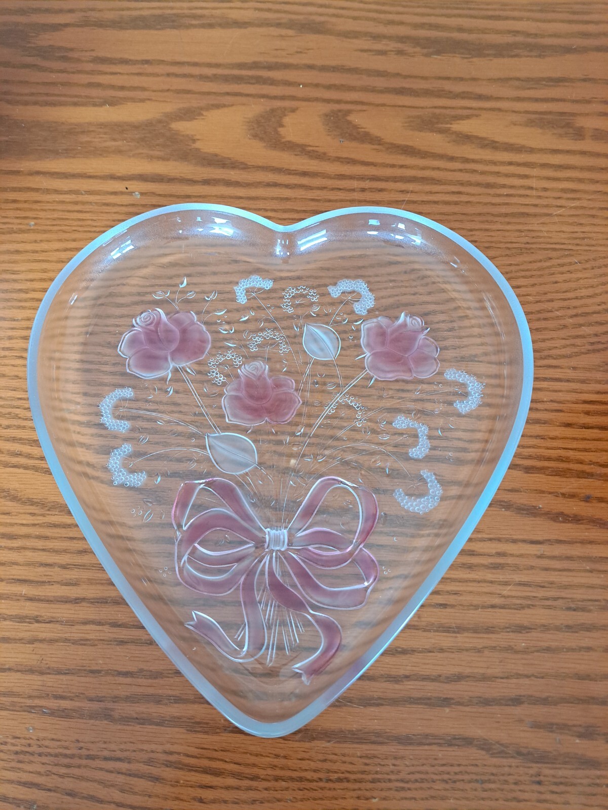 Mikasa Crystal GlassVintage Valentine Heart Shaped Serving Plate w/ Pink Roses