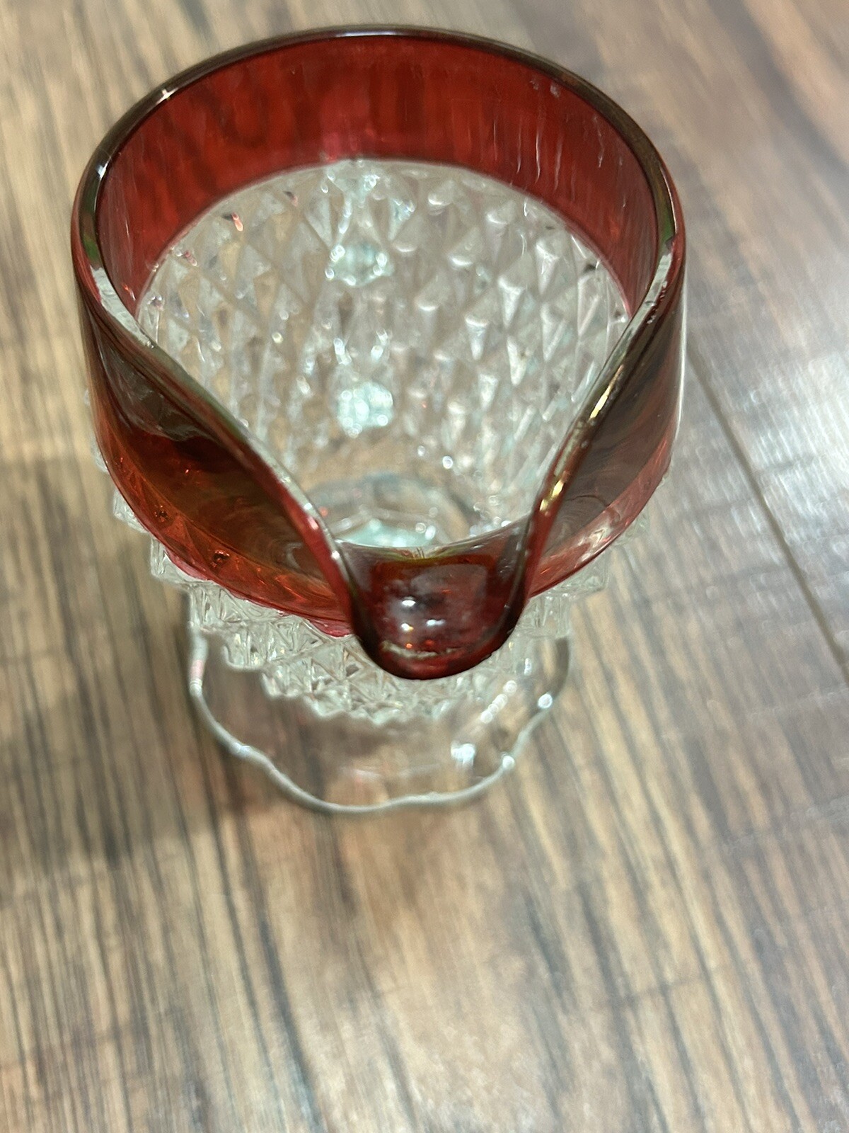 Vintage Indiana Glass Ruby Cut To Clear Creamer And Saucer Set Diamond Point