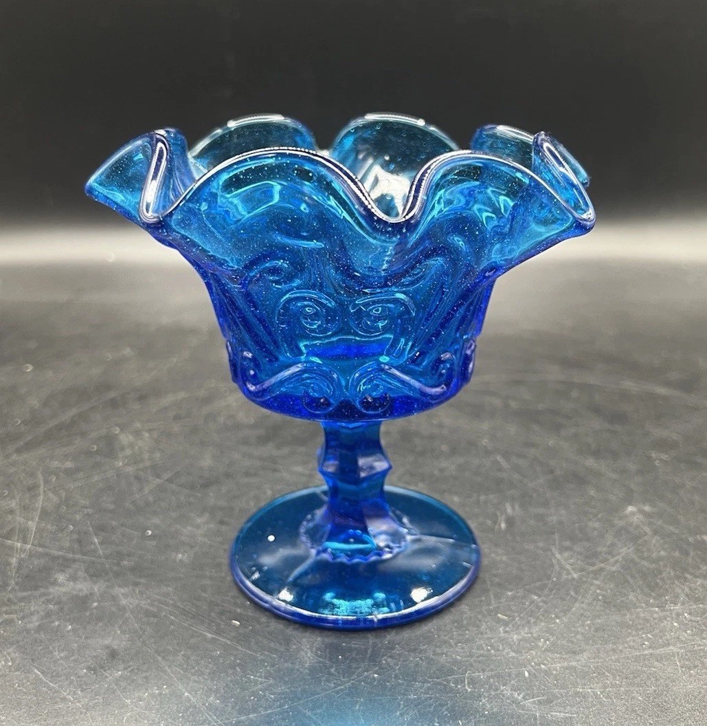 Atterbury Compote Bowl Blue Scroll Pattern Ruffle Edge Vintage