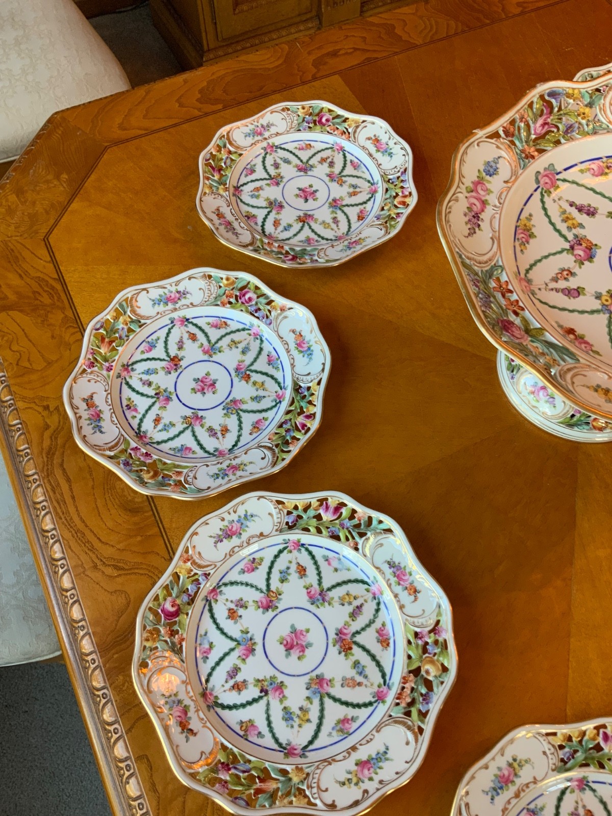 Antique Carl Thieme Dresden Basketweave Dessert Service – 8 Plates & Compote