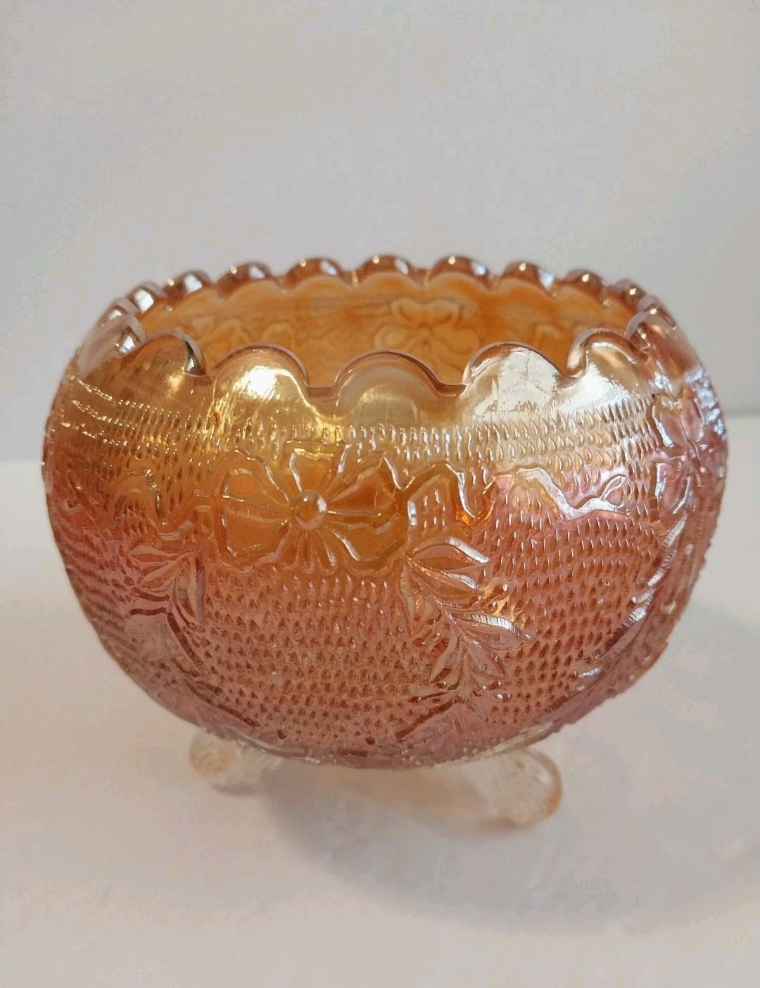 Fenton Marigold Carnival Glass Rose Bowl Garland & Bows 3 Toed