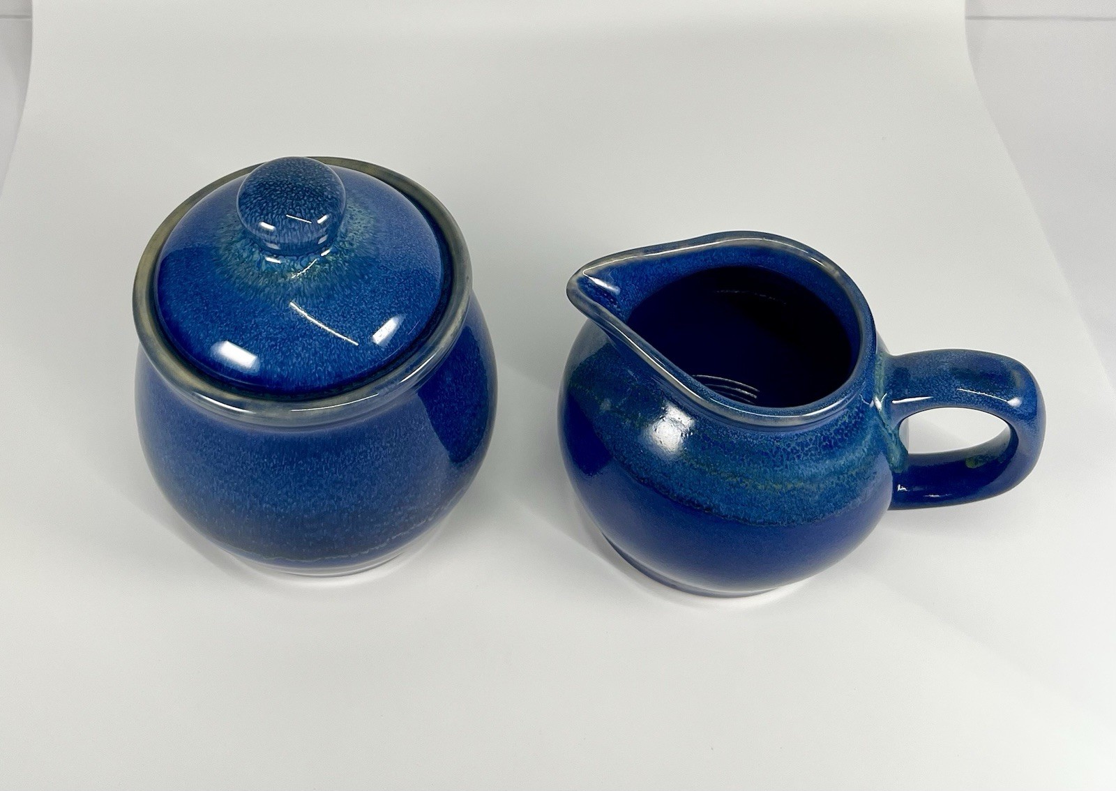 Handcrafted Stoneware Pottery Creamer And Lidded Sugar Bowl Set Blue Glaze EUC