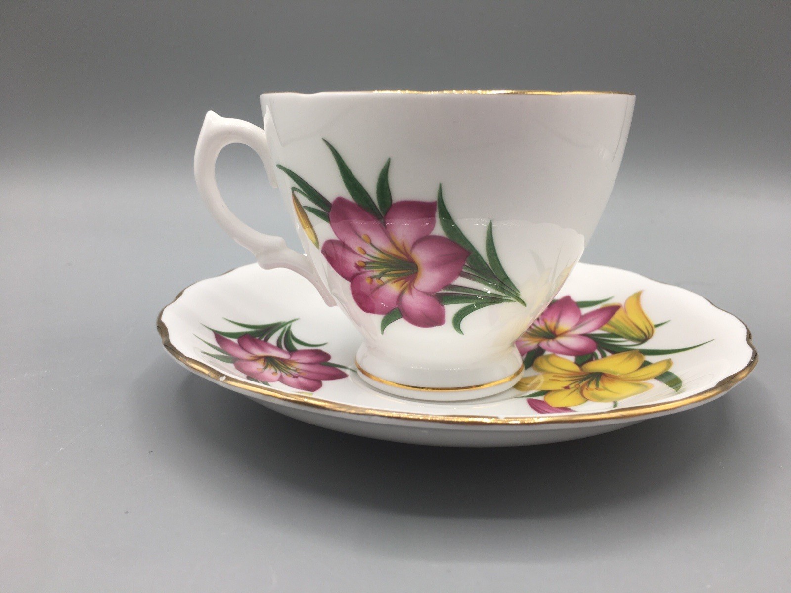 Royal Vale Bone China Lilly’s Yellow & Red Floral Teacup & Saucer Vintage