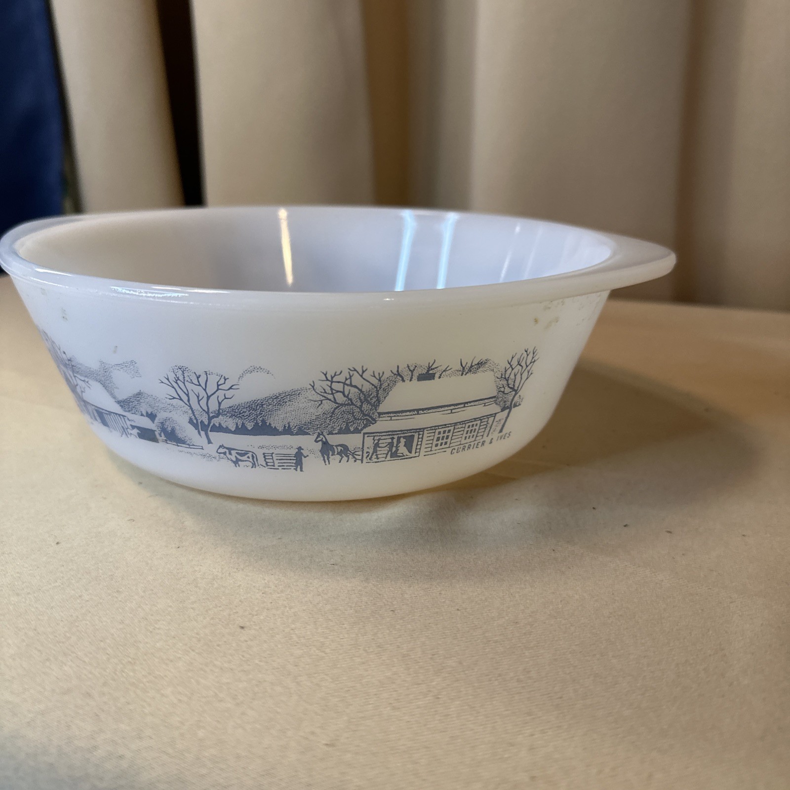 Vintage Glasbake Currier & Ives 2 Qt Casserole Dish Farm Scene Blue White