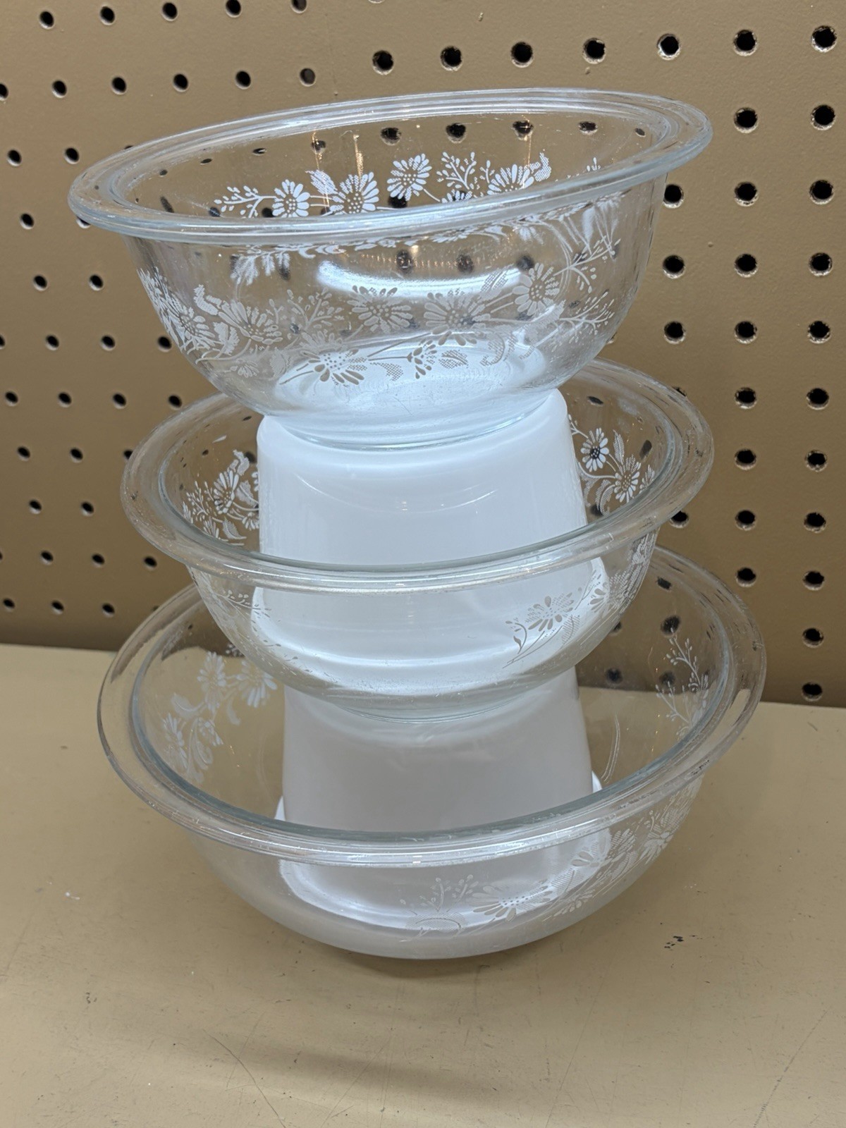 3- Pyrex Clear Colonial Mist White Lace Nesting Mixing Bowl Set 322 (2X) 323 (1)