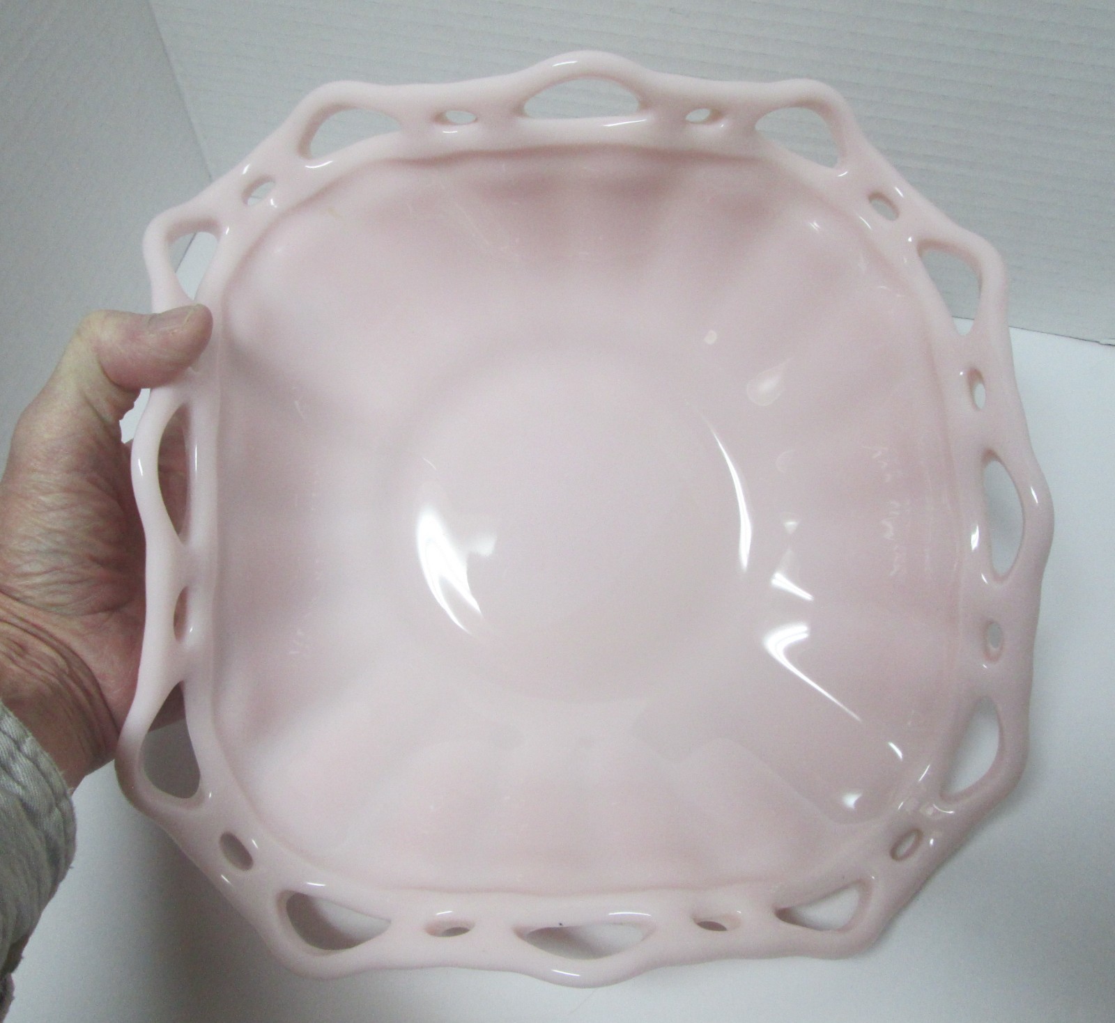 Vintage Pink Opaque Milk Glass Reticulated Lattice Edge Bowl-Fostoria Lace,Prism
