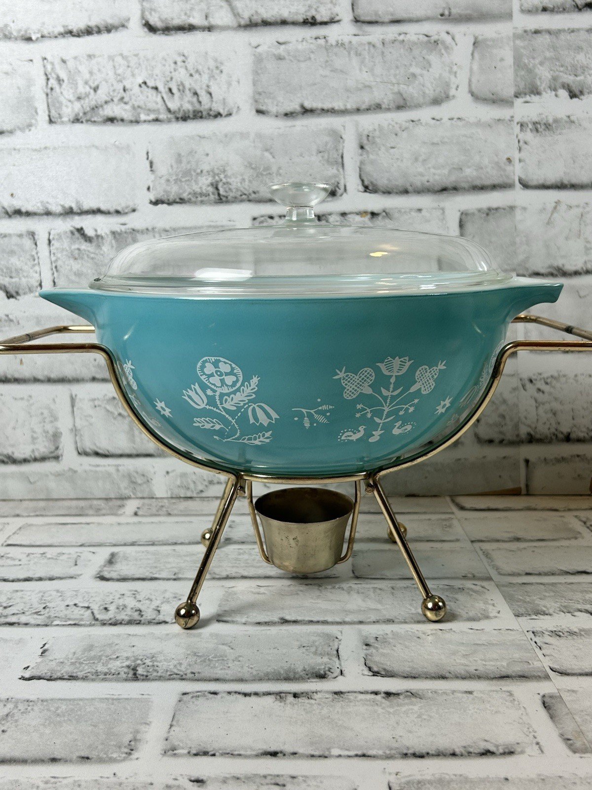 Pyrex Needlepoint Embroidery 443 Cinderella Bowl & Warmer Turquoise 1958 Promo