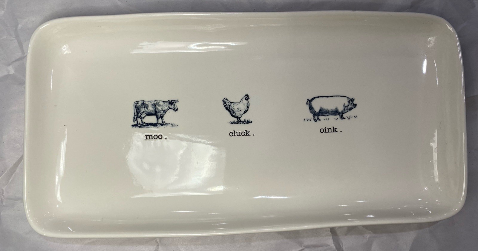 Rae Dunn Artisan Collection Moo Cluck Oink Farm Animal Rectangular Serving Tray