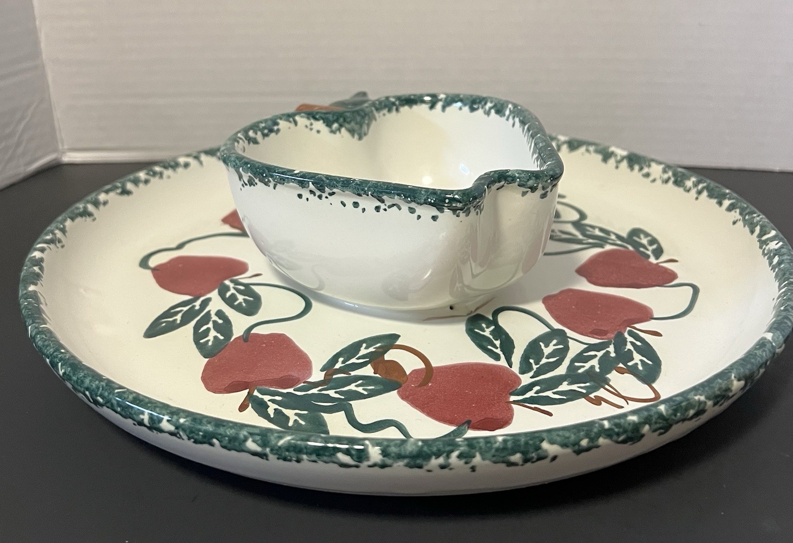 Apples & Ivy Serving Platter 2 Section Attached Spongeware 11” Chaparral Pottery